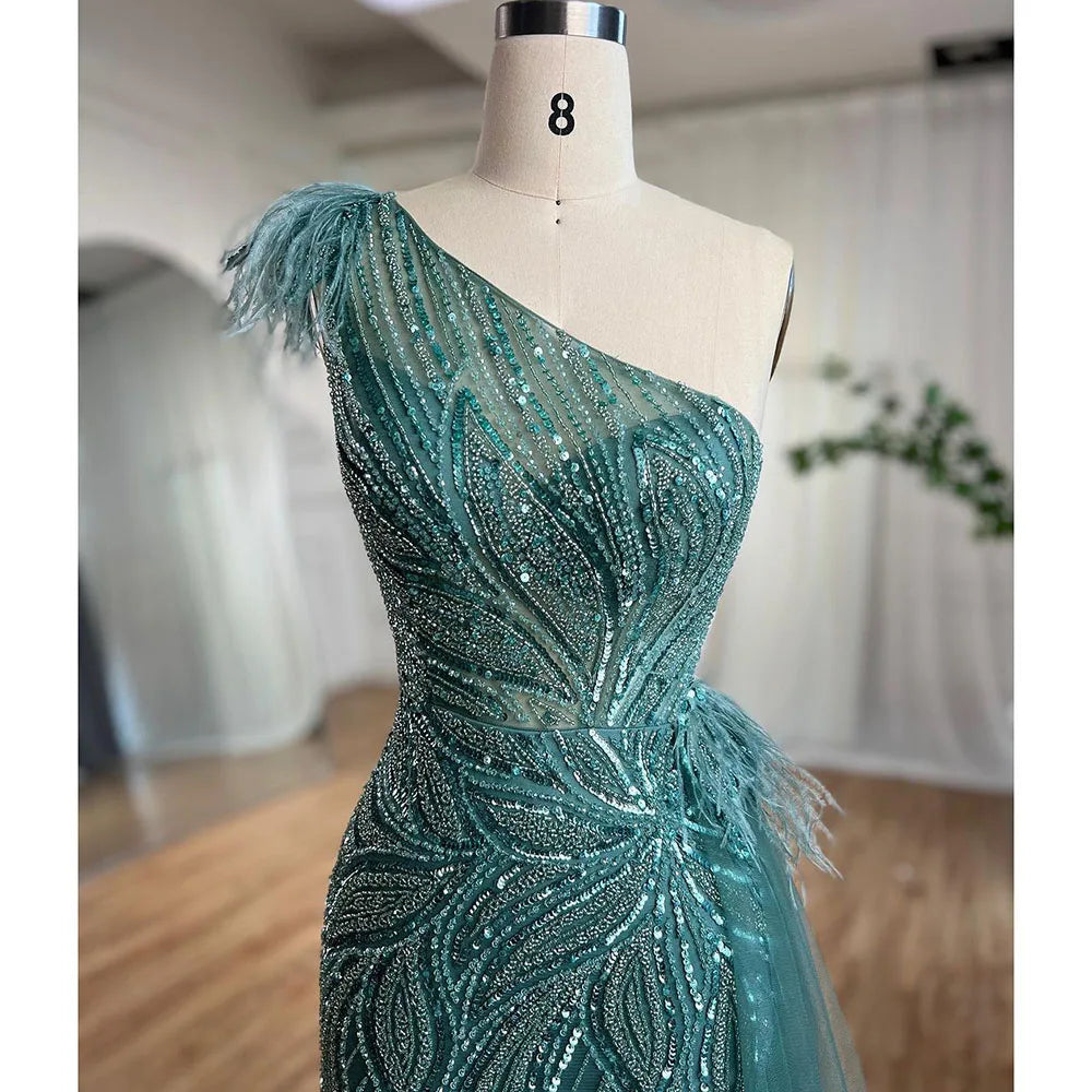 Serene Hill Turquoise Mermaid Evening Gown with High Split & Beaded Feather Skirt - Women's Sexy Party Dress 2025 (LA71955) | Perfect for Prom, Gala & Formal Events