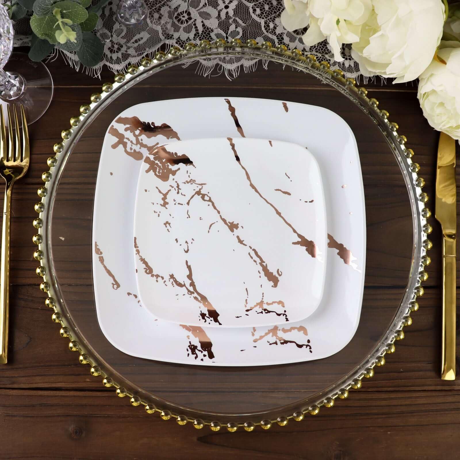 Efavormart 10 Pack White Rose Gold Marble 6 Inch Square Plastic Appetizer Dessert Plates - Disposable Party Plates for Weddings, Birthdays, Baby Showers & Special Events