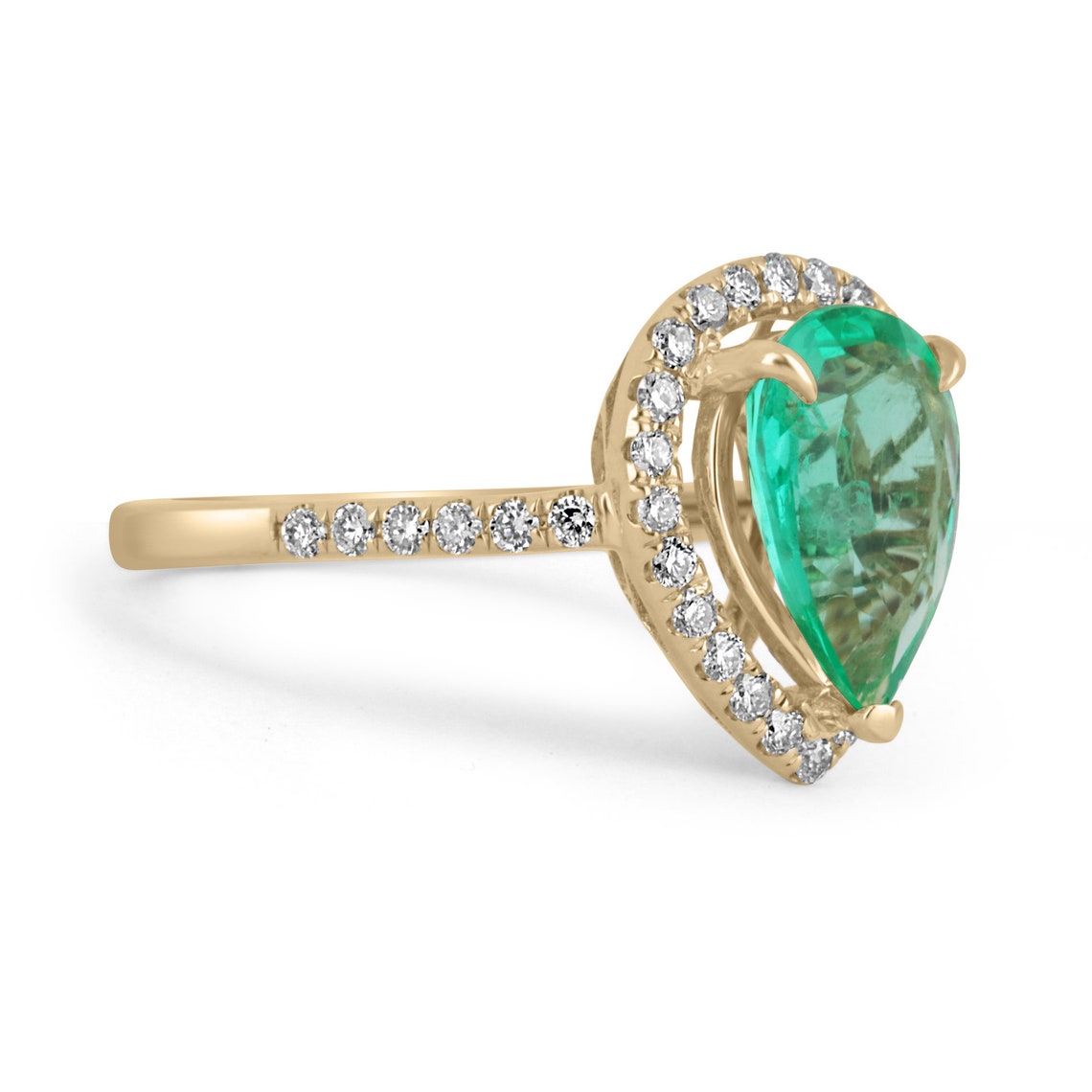 2.25tcw Colombian Emerald Pear Cut Diamond Halo Engagement Ring in 14K Gold - Elegant Teardrop Bridal Jewelry for Proposals & Anniversaries