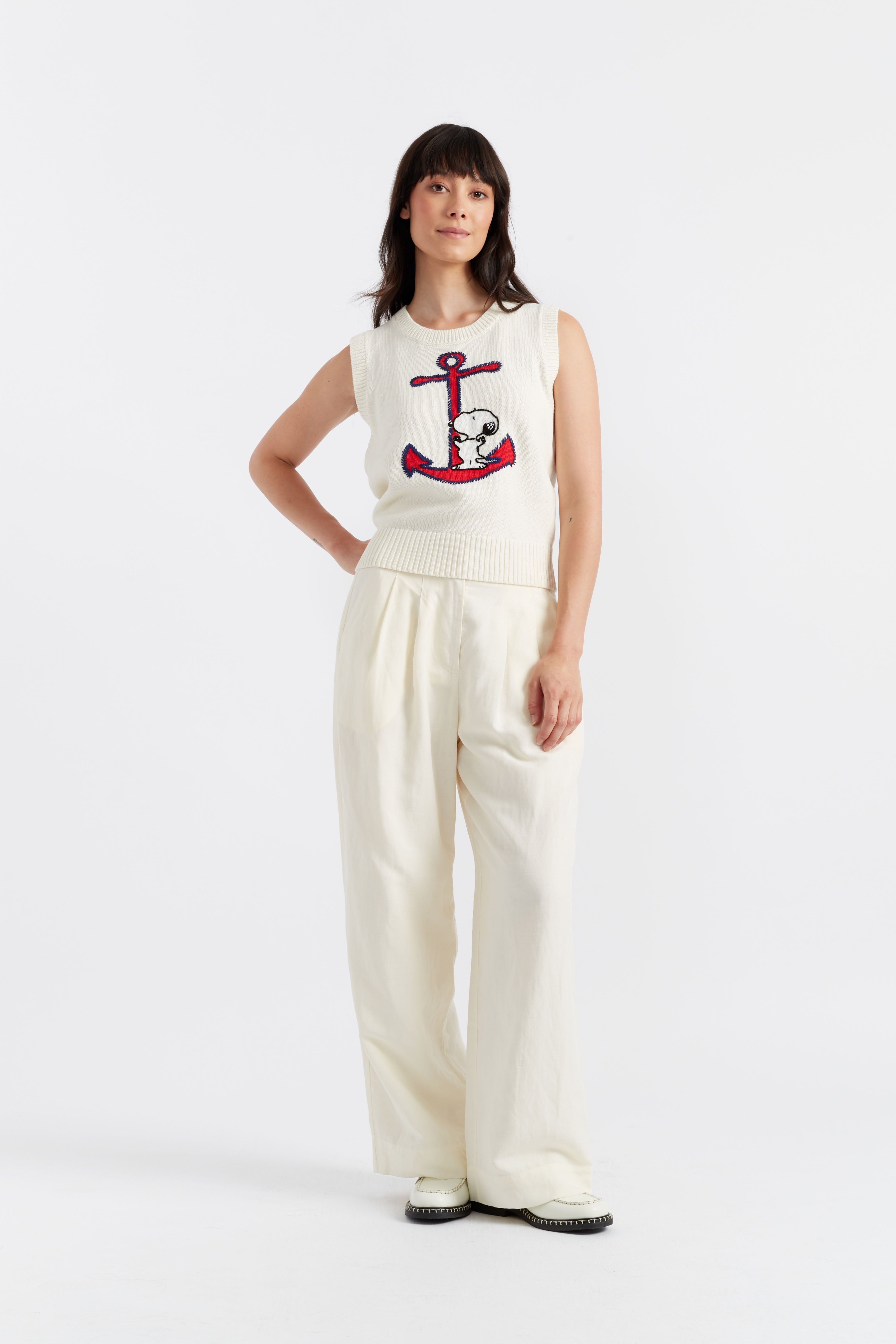 Cream Cotton Snoopy Anchor Tank Top - Soft & Comfortable Women's Summer T-Shirt - Perfect for Beach, Casual Wear & Vacation Outfits
