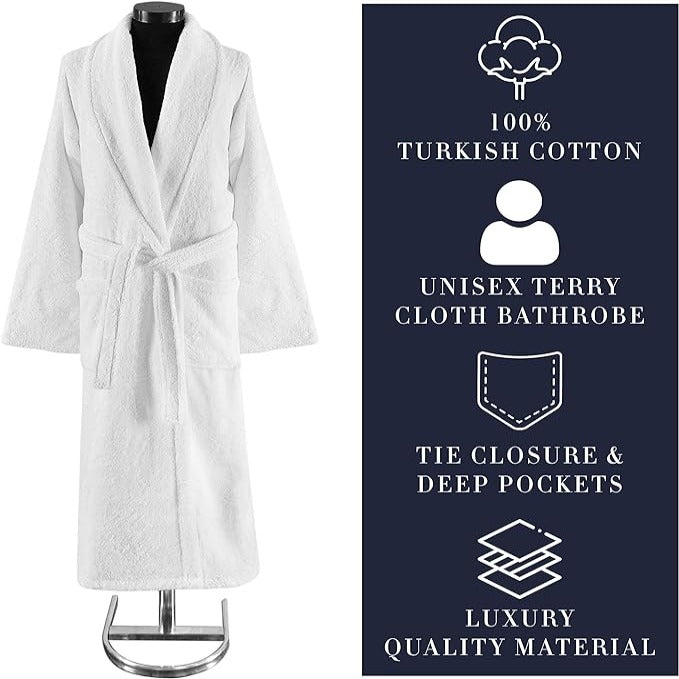 Premium White Terry Cloth Turkish Cotton Shawl Collar Bathrobe - Unisex Italian Style Hotel Spa Robe for Men & Women - Perfect for Home, Hotels, Spas and Relaxation