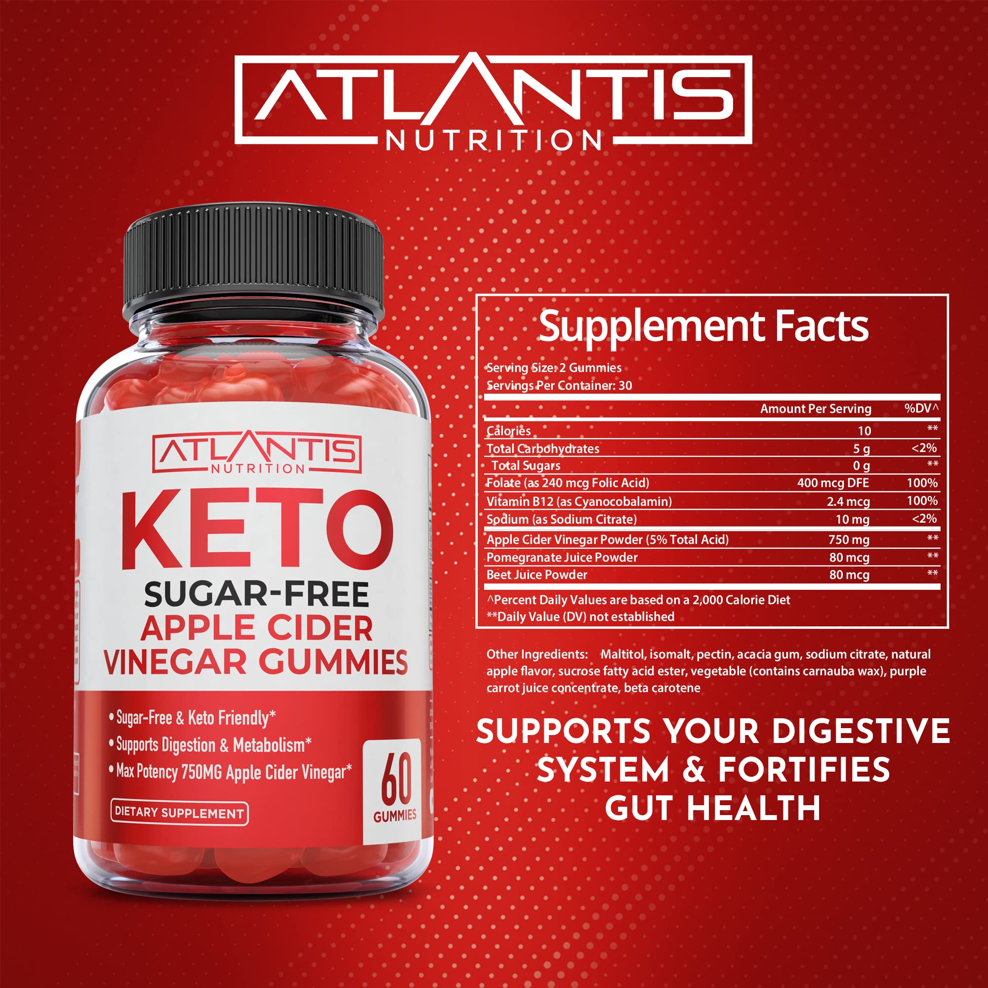 Atlantis Nutrition Sugar Free Prebiotic Fiber Gummies for Adults - 2 Pack (120 Gummies) | Keto Friendly Digestive Support | Apple Cider Vinegar Supplement 60 Gummies | Supports Gut Health & Weight Management - Perfect for Keto Diet & Daily Wellness Routine