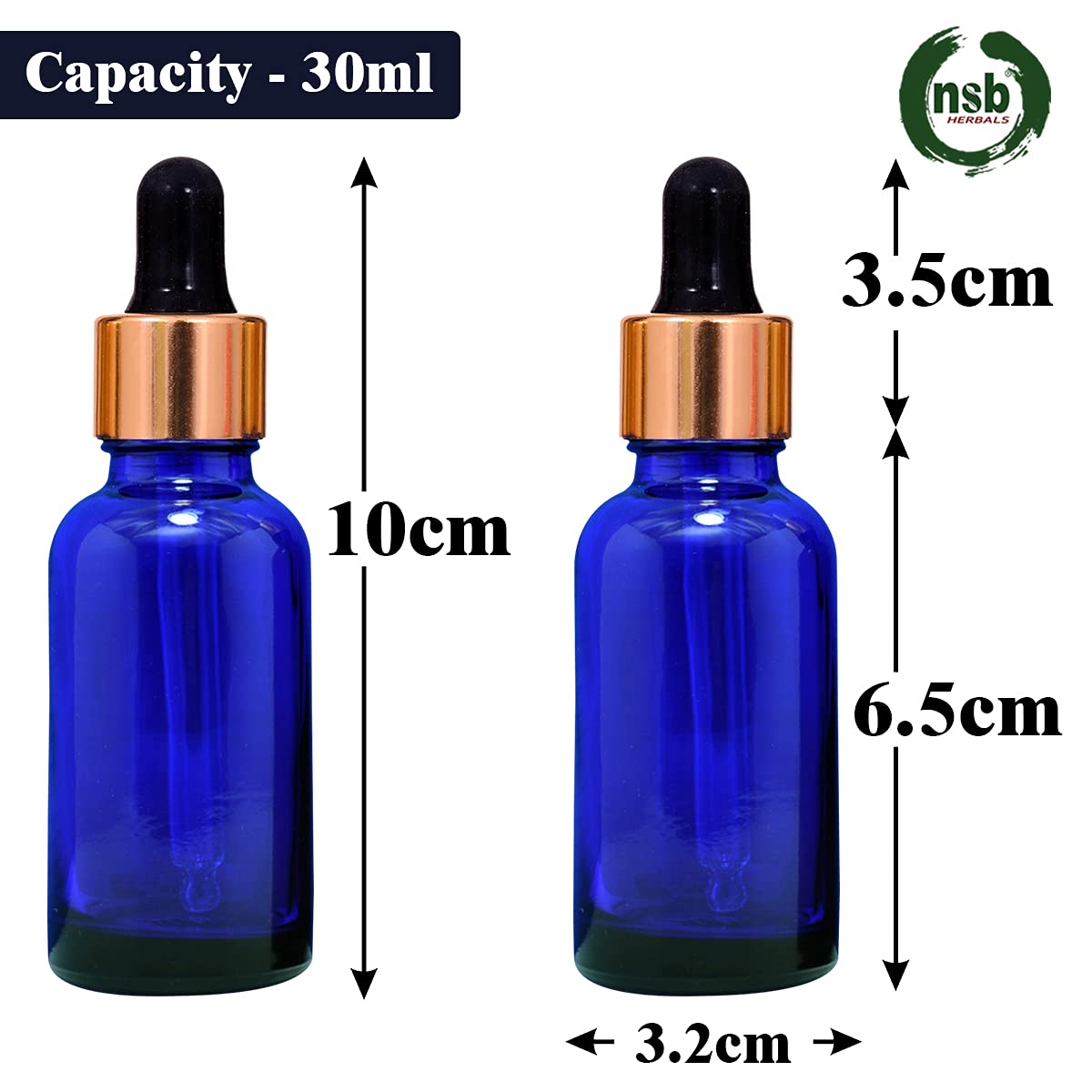 NSB Herbals 30ml Blue Round Empty Glass Bottle with Glass Dropper, Gold Ring & Black Silicone Teat - Refillable, Reusable, Leakproof Essential Oil Bottles for Aromatherapy, Perfume Making & DIY Beauty (Pack of 3)