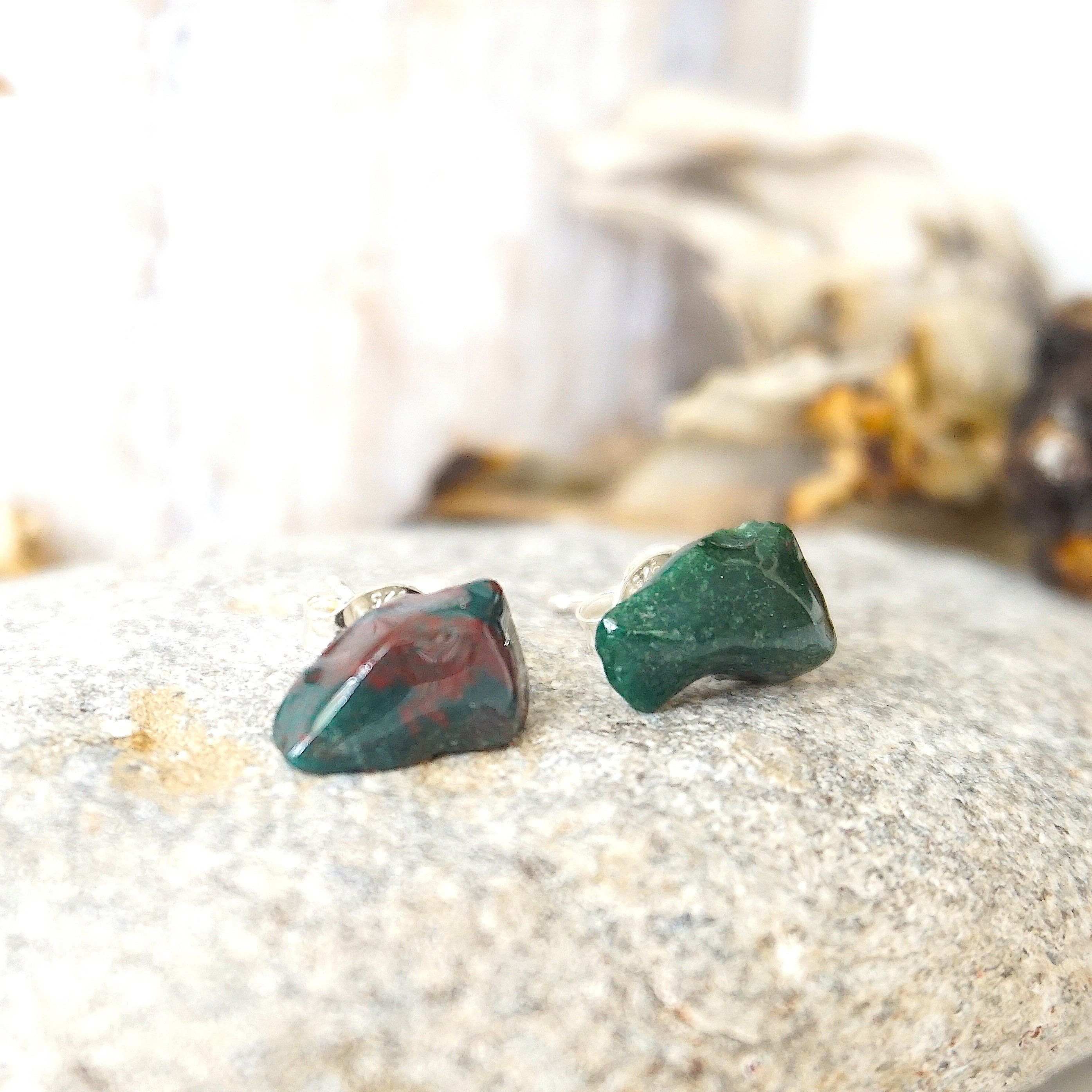 Natural Bloodstone Stud Earrings for Women - Hypoallergenic Post Earrings for Everyday Wear, Healing Crystal Jewelry for Positive Energy & Protection