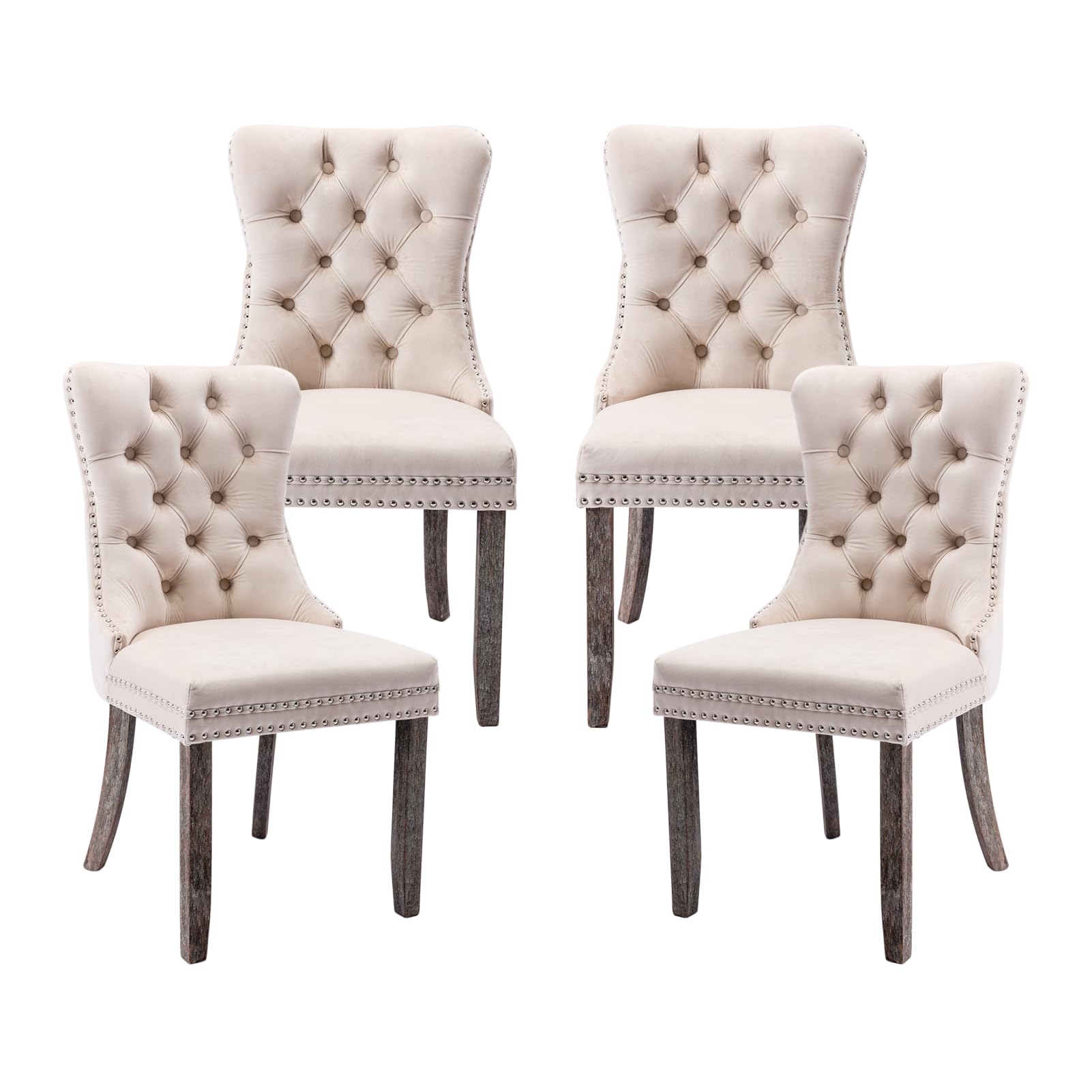 Velvet Dining Chairs Set of 4 - Upholstered Modern Kitchen Chairs with Ring Pull Trim & Button Back, Comfortable Seating for Dining Room, Living Room, Bedroom (Beige) | Perfect for Home Decor, Dinner Parties & Small Space Furniture Arrangement
