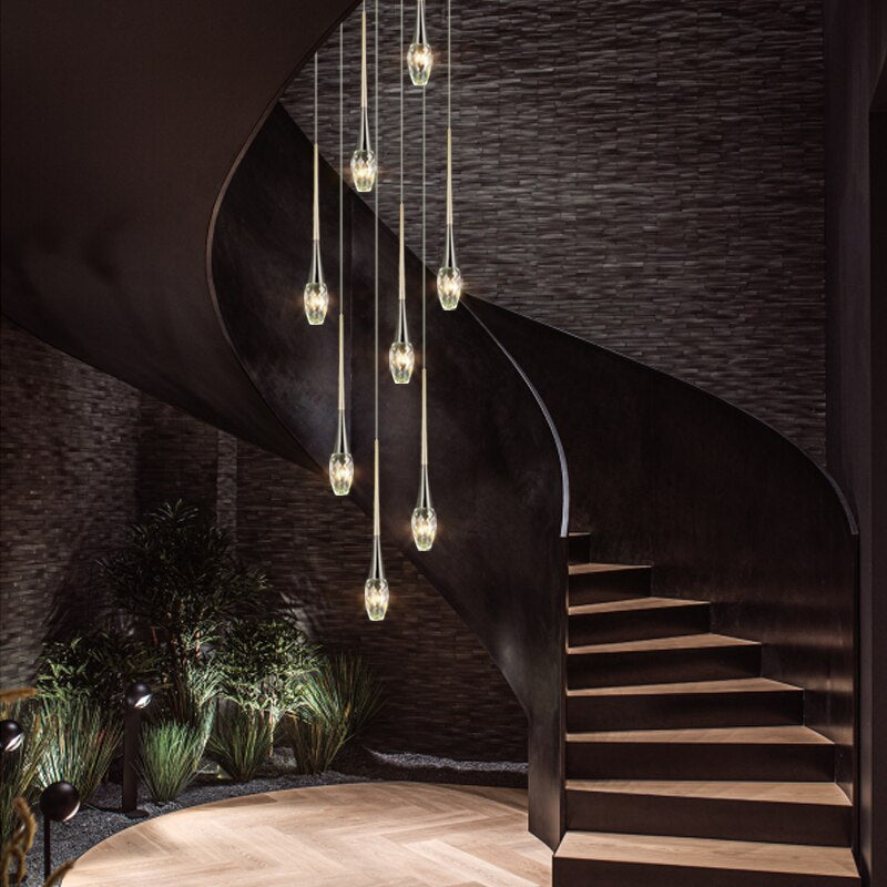 Elegant Crystal Drops Staircase Chandelier - Modern Home Lighting Fixture for Stairwell, Foyer & Luxury Interior Decor
