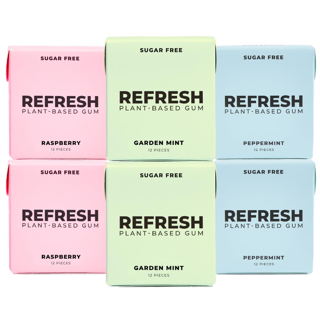 Refresh Sugar-Free Xylitol Chewing Gum - Natural Flavors, Organic Ingredients, Non-GMO, Plant-Based - Peppermint, Garden Mint & Raspberry Variety Pack (12 Pcs, 6 Pack) - Perfect for Fresh Breath On-the-Go, Office Use & Travel