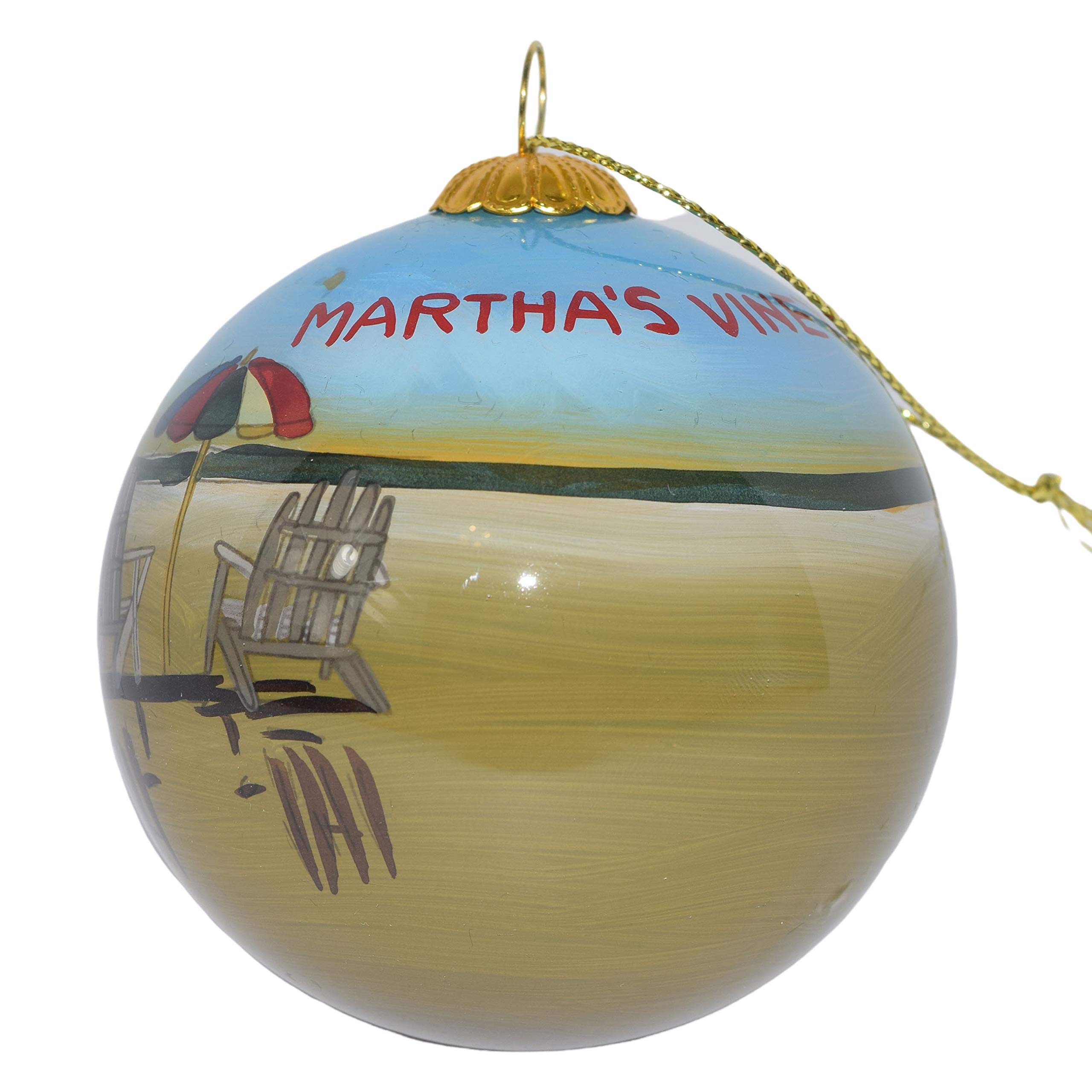 Hand-Painted Blown Glass Christmas Ornament - Beach Chairs Martha's Vineyard Design | Original Artwork with Gift Box | Perfect for Holiday Decorations & Unique Gifts