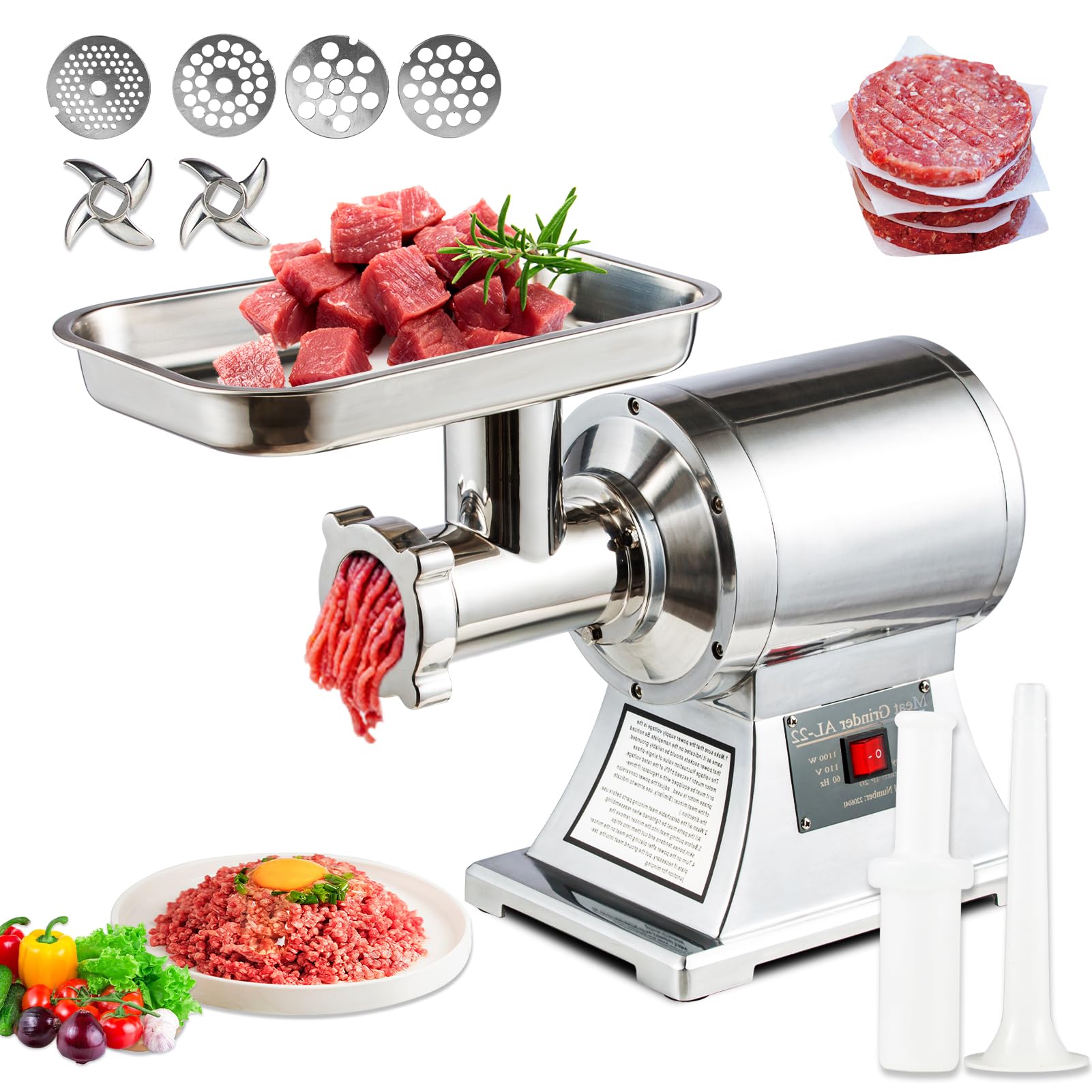 TECSPACE 1.5HP 1100W Commercial Electric Meat Grinder - Heavy Duty Stainless Steel Mincer with 550 LBS/Hour Capacity & 193 RPM - Perfect for Butcher Shops, Restaurants, and Home Meat Processing