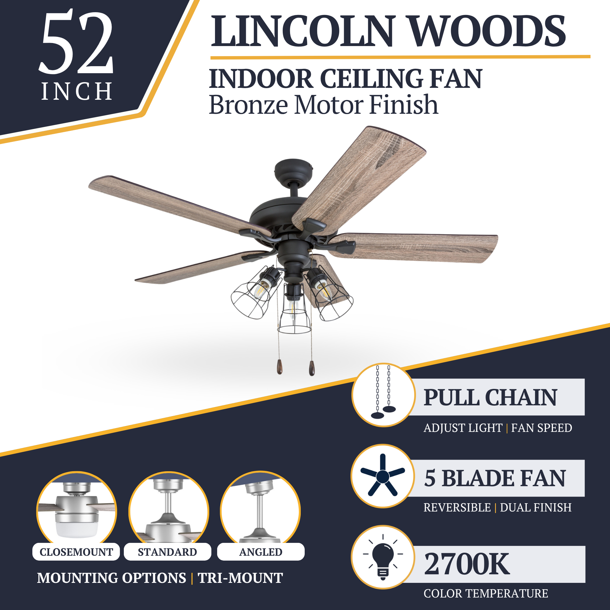 52 Inch Lincoln Woods Bronze Ceiling Fan with Pull Chain - Modern Indoor Ceiling Fan for Living Room, Bedroom, and Office - Energy Efficient & Quiet Operation