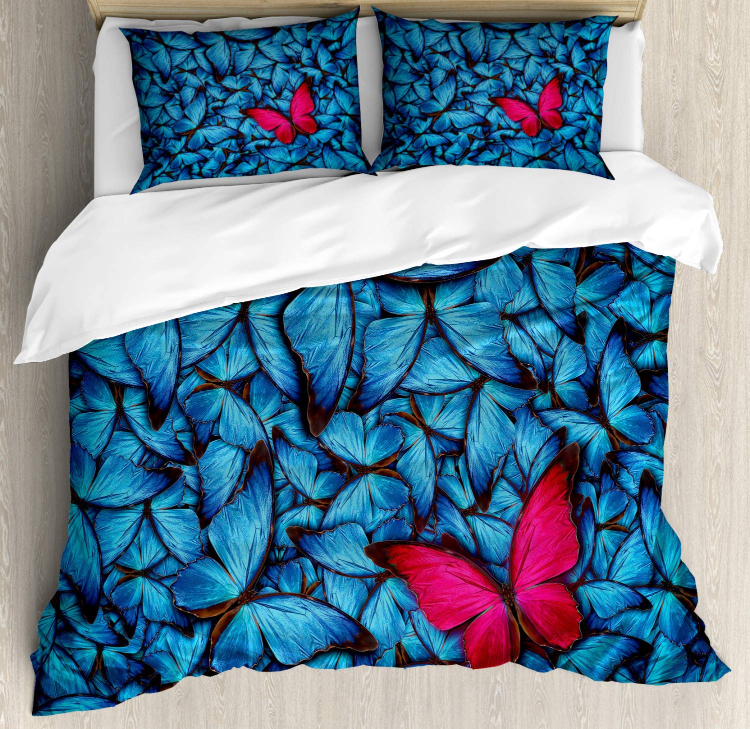 Ambesonne Butterflies Duvet Cover Set - Colorful Tropical Butterfly & Lepidoptera Pattern 3-Piece Bedding Set with 2 Pillow Shams, California King Size, Pink Blue Brown | Spring Summer Bedroom Decor, Bohemian Style Home Decor, Gift for Nature Lovers