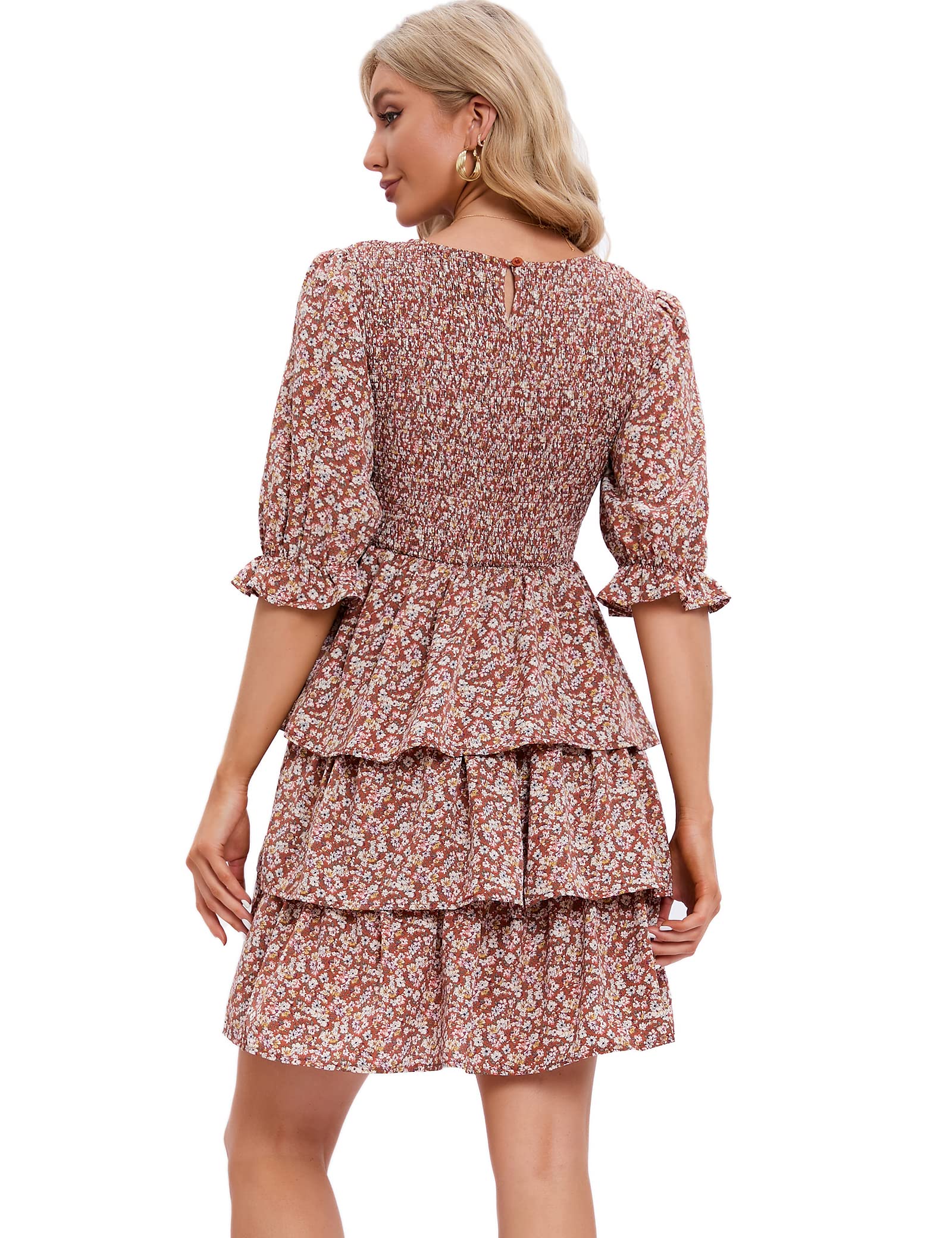 MANAIXUAN Women's Floral Print Mini Dress - Puff Sleeve, 3-Layer Ruffle, Flowy Summer Party Dress for Casual Wear, Date Night & Outdoor Events
