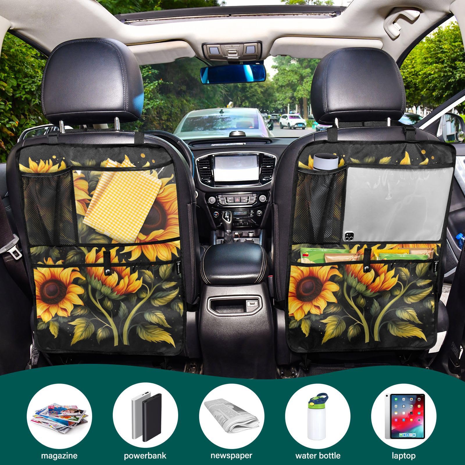 Sunflower Black 2-Pack Car Back Seat Kick Mats for Kids - Premium Seat Protector with 3 Storage Pockets | Universal Fit for Trucks, SUVs & Sedans | Perfect for Road Trips & Family Travel Accessories