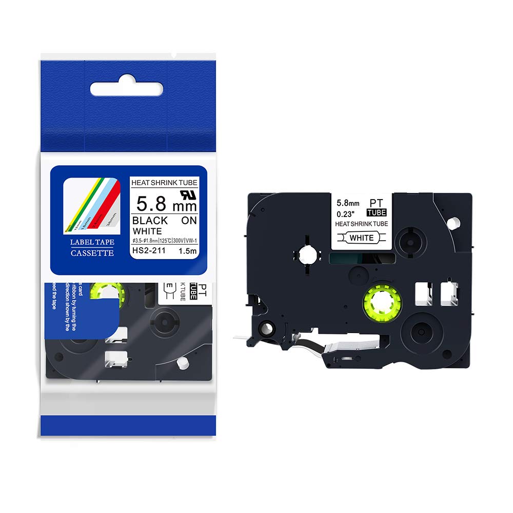 1PCS IDIK HSe-211 Heat Shrink Tube for Brother HS2-211 - Black on White 5.8mm Label Tapes - Compatible with Brother P-Touch Label Printer - Perfect for Cable Management, Wire Identification & Organization