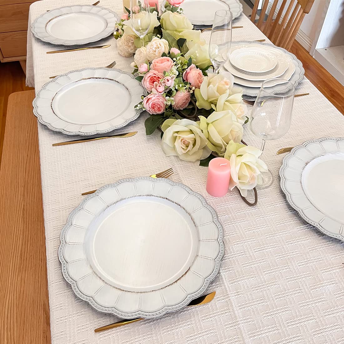 Antique White Charger Plates - 13 Inch Metallic Plastic Dinner Chargers with Beaded Rim for Dining, Weddings & Parties (6-Pack) - Elegant Table Decor for Holiday Gatherings, Bridal Showers & Formal Events