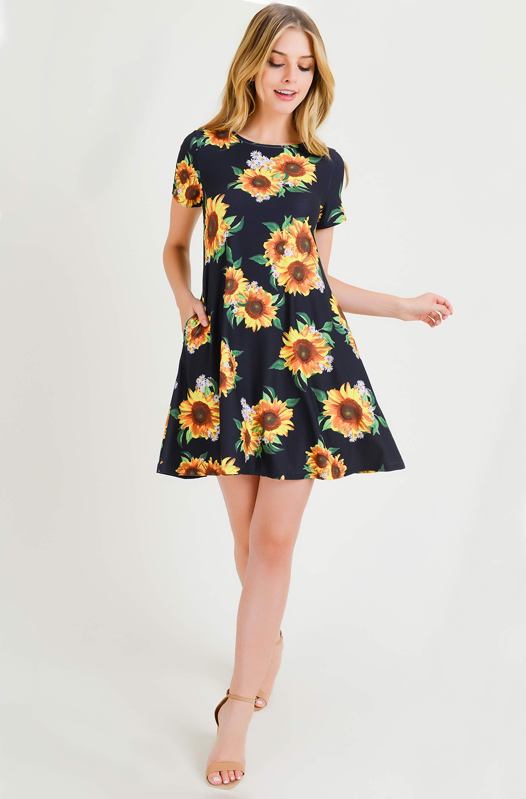 ICONOFLASH Women's Floral Print Casual Summer Dress with Pockets - Short Sleeve Comfortable A-Line Dress for Beach, Vacation & Daily Wear