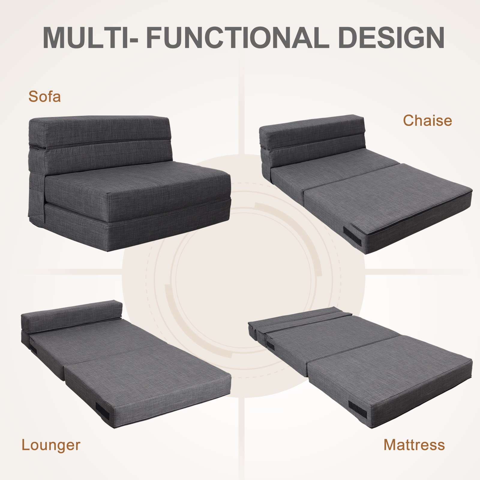 Queen Size Folding Sofa Bed with Memory Foam - 3-in-1 Convertible Sleeper Chair, Futon & Guest Bed - Includes 2 Pillows & Washable Dark Gray Cover - Perfect for Small Spaces, Guest Rooms & Apartments