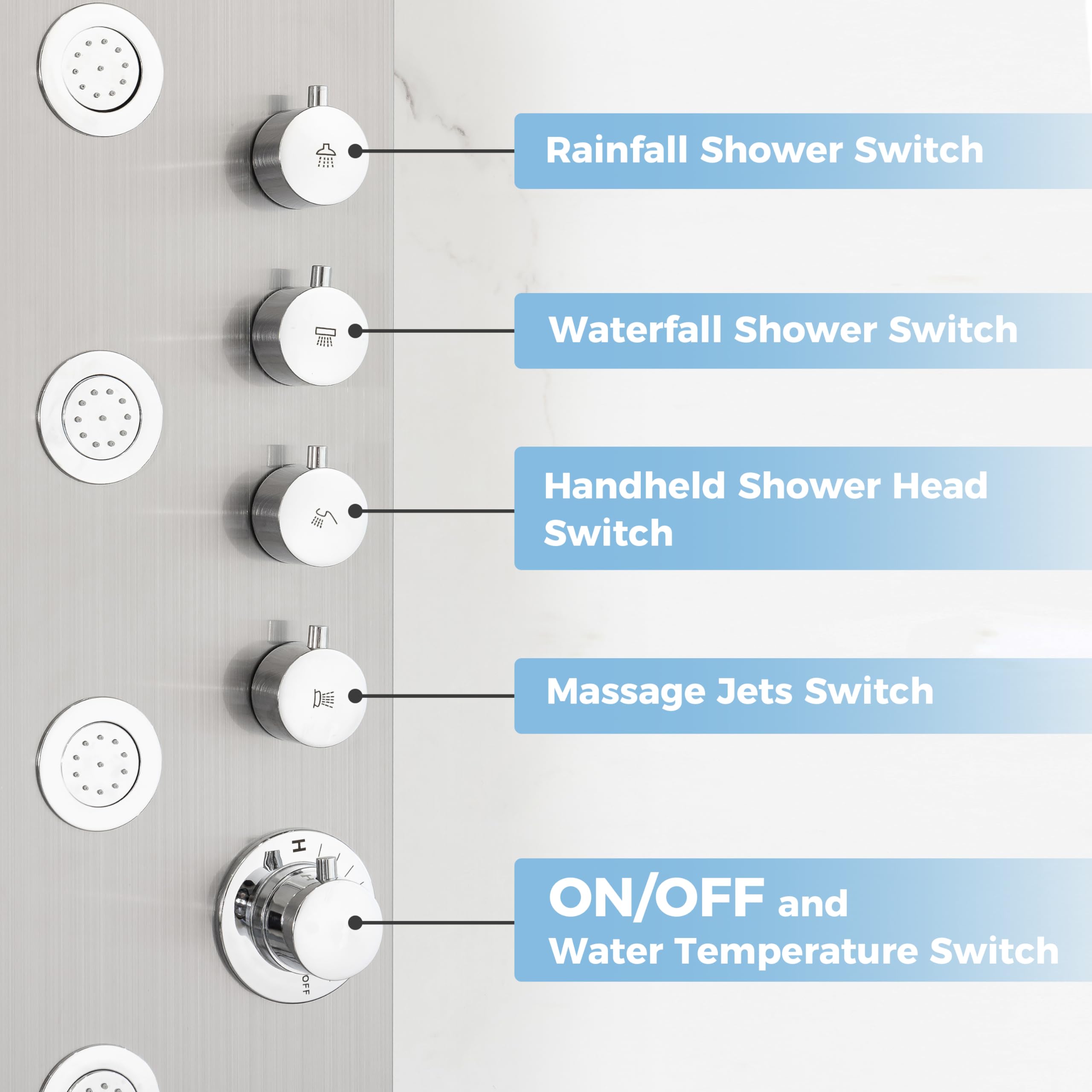 DELAVIN Stainless Steel Shower Panel Tower System - Multi-Function Rainfall Showerhead with Body Jets & Handheld Spray - Brushed Nickel Finish - Perfect for Luxury Bathroom Renovation & Spa-Like Shower Experience