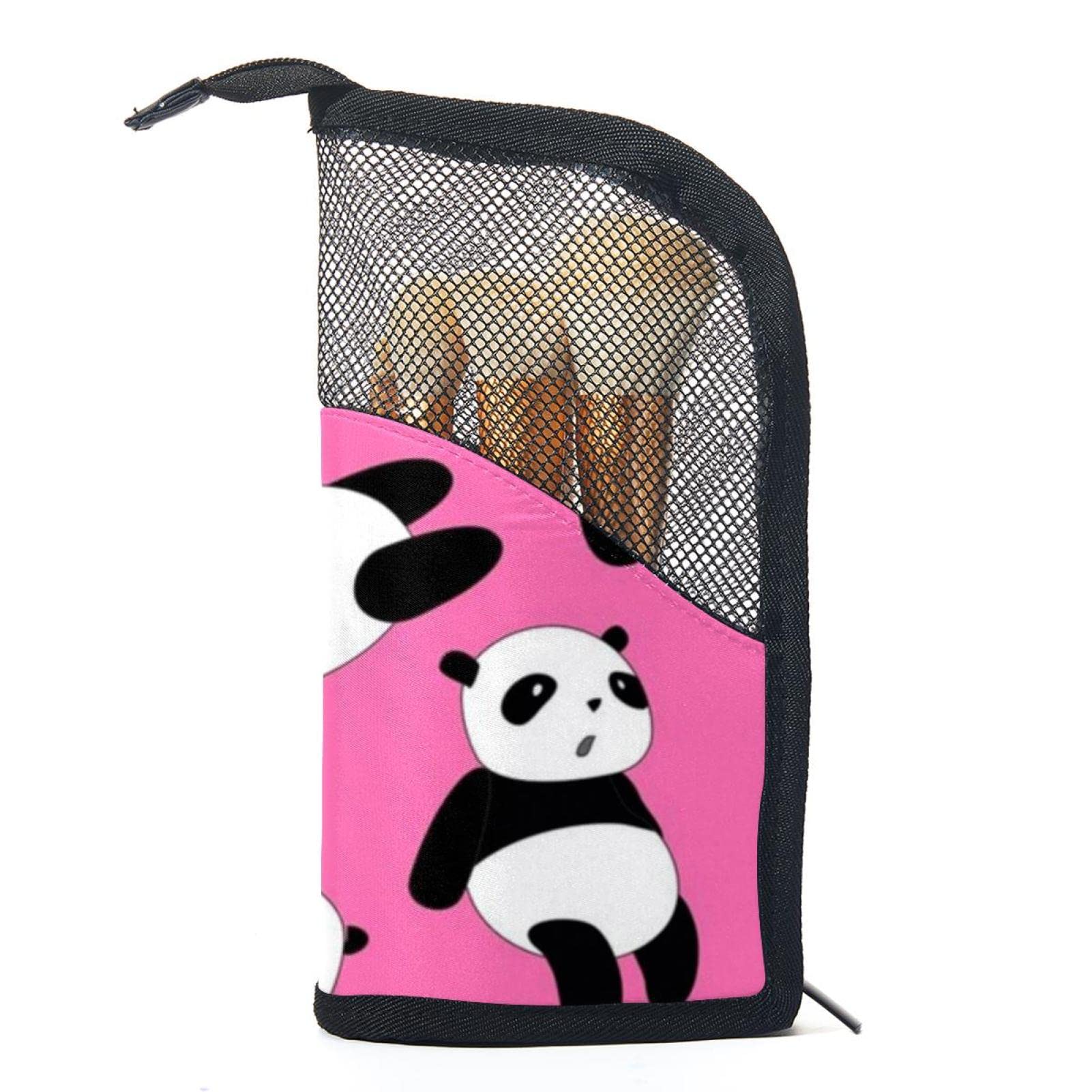 12-Piece Makeup Brush Organizer Bag with Happy Pink Panda Design - Portable Makeup Brush Holder Case for Travel & Home Storage