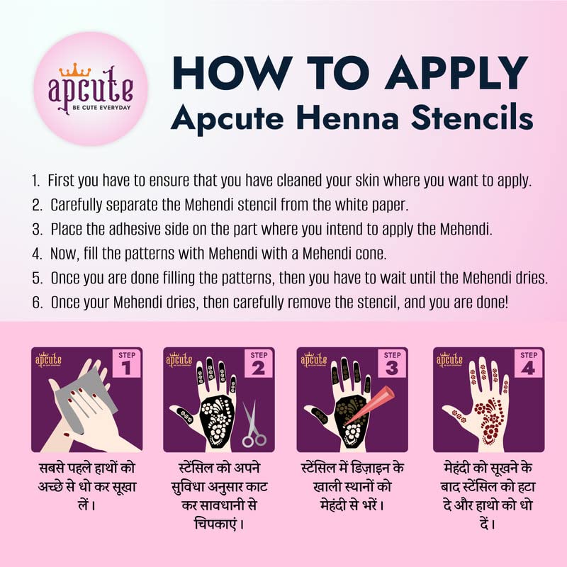 APCute Henna Tattoo Stencil Stickers for Girls, Women & Kids - Easy to Use Temporary Mehndi Designs (Set of 8 Pieces) - Floral & Geometric Patterns for Hands & Feet - Perfect for Weddings, Festivals & DIY Body Art