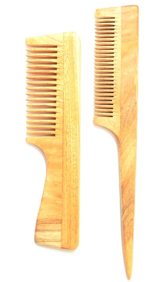 WITSOUL Neem Wood Anti-Dandruff Comb Set of 2 - Natural Scalp Massage Brush for Men & Women with Tail & Handle - Perfect for Hair Care, Dandruff Relief & Styling at Home or Salon