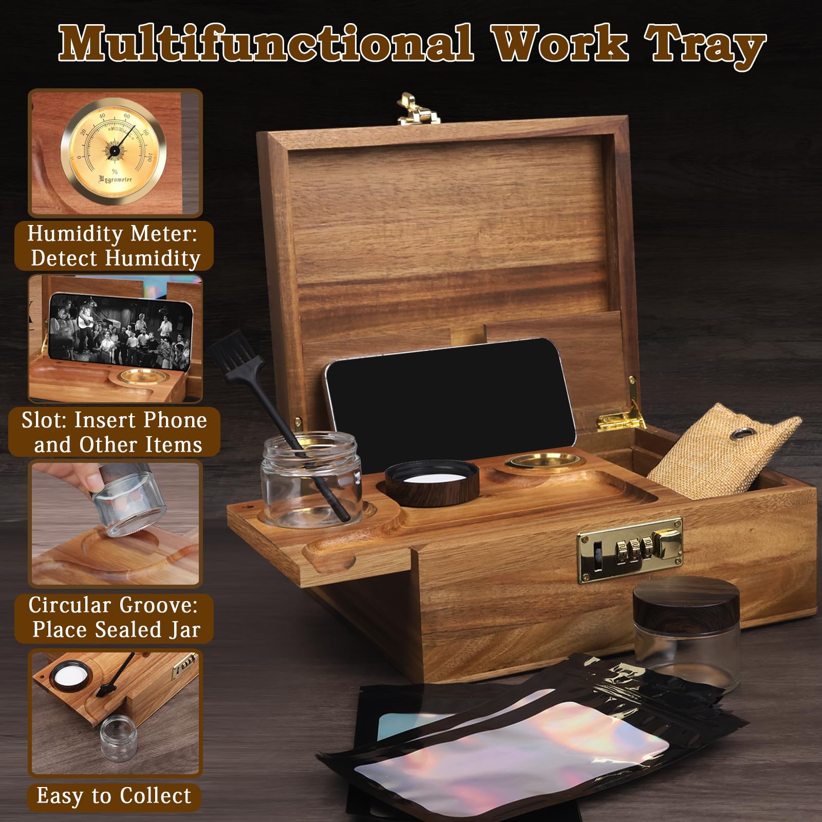 Premium Large Acacia Wood Storage Box with Built-in Hygrometer - Perfect for Cigar Humidor, Jewelry Organizer, and Home Decor
