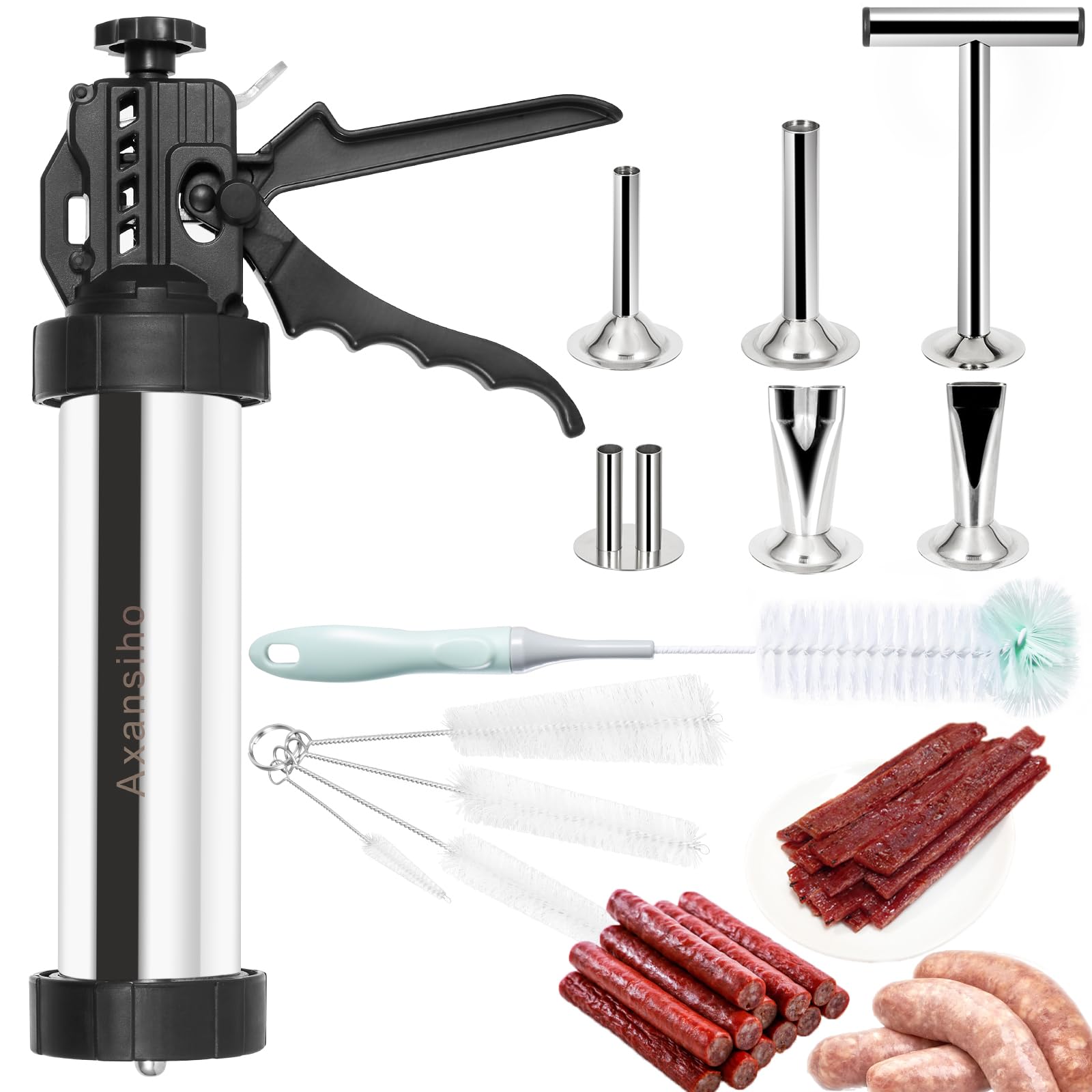 Premium Stainless Steel Jerky Gun Kit - 5 Nozzles & Brushes Included - Perfect for Homemade Beef Jerky, Sausage Stuffer & Meat Processing - Ideal Gift for BBQ Lovers, Camping & Outdoor Cooking Enthusiasts (Men, Women, Mom & Dad)