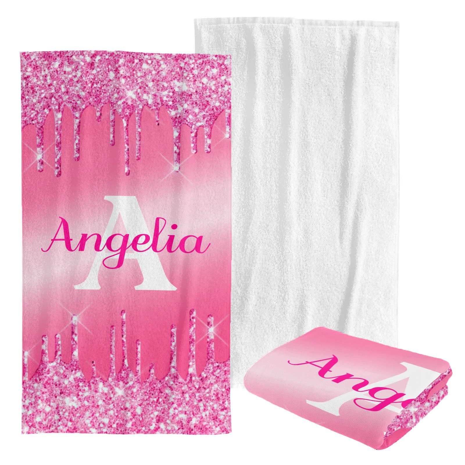 Custom Personalized Beach Towel - Soft Quick-Dry Bath Towel Blanket for Swimming, Pool, Vacation - Kids, Men, Women, Boys & Girls - Hot Pink Glitter Drip Design - Perfect for Beach, Yoga, Gym & Outdoor Activities
