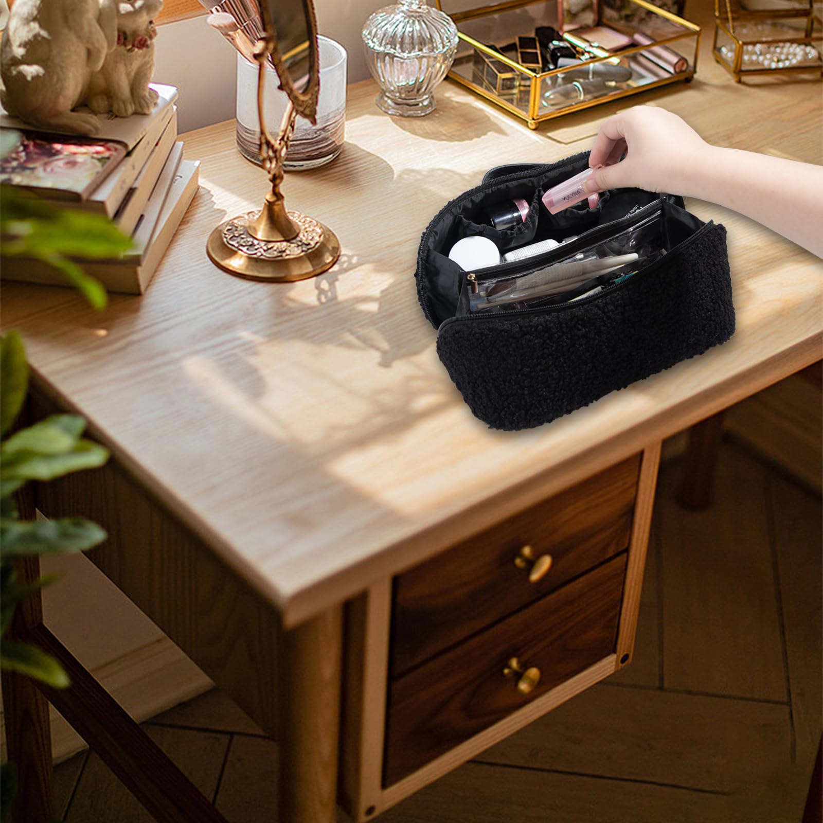 Large Capacity Travel Makeup Bag - Cute Plush Cosmetic Organizer with Handle & Divider, Portable Toiletry Pouch for Women | Perfect for Airplane Carry-on, Gym Essentials & Weekend Getaways (Black)
