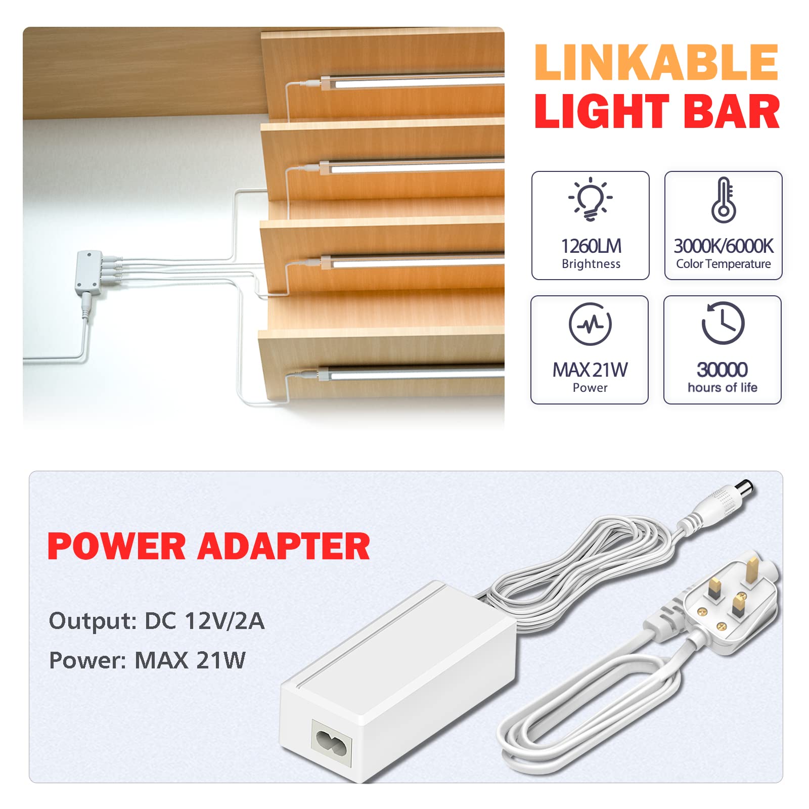 MYPLUS Under Cabinet Lighting Kit - Dimmable LED Kitchen Lights, 21W 1230lm Plug-in Under Cabinet Lighting for Counter, Cupboard, Shelf, Room & Desk (6x30cm) - Perfect for Kitchen Workspaces, Home Office & Display Shelves