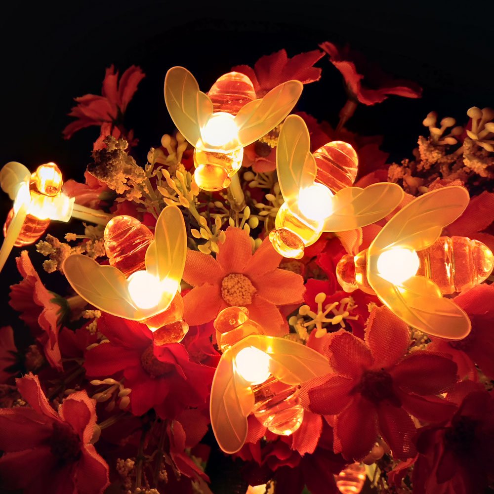 Bee String Lights - 19Ft 40 LED Battery Fairy Lights for Garden, Patio & Lawn Decor