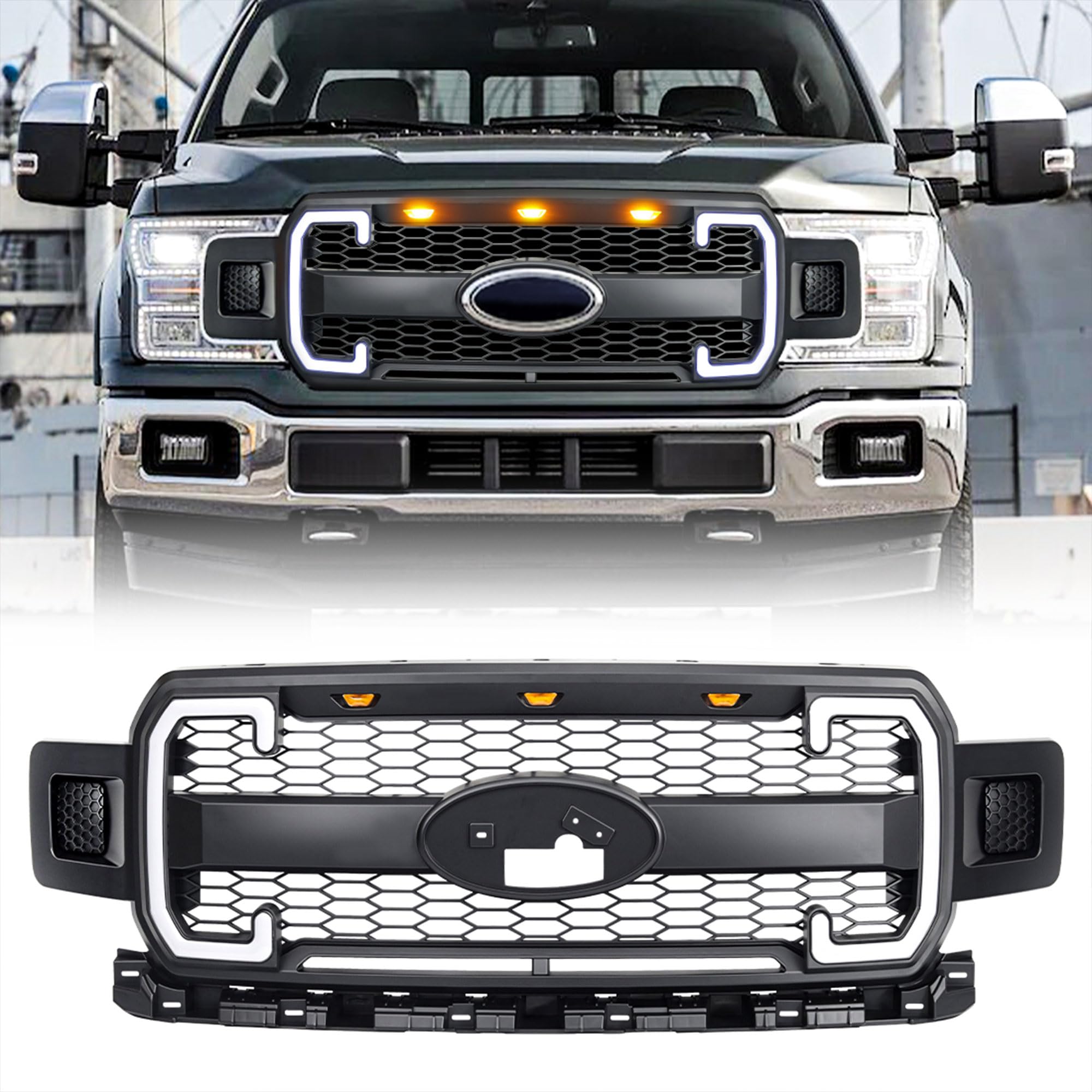 Raptor Style Mesh Front Grille with DRL & Turn Signals for Ford F150 2018-2020 | Matte Black | Emblem Base | Off-Road & Street Style Upgrade