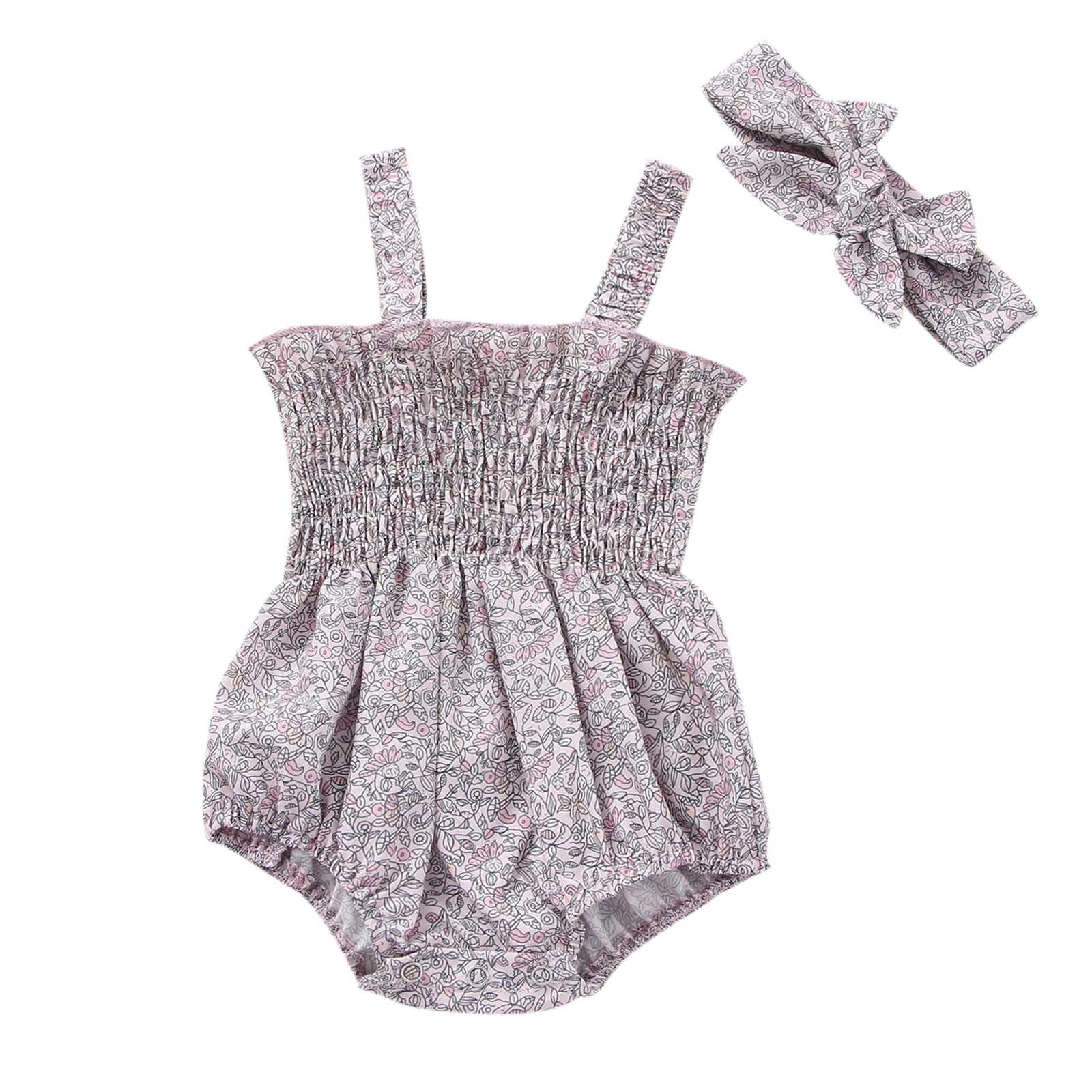 Newborn Baby Girls Floral Strappy Sleeveless Romper Bodysuit with Headband - Ruffle Jumpsuit Sunsuit for Summer - Perfect for Outdoor Play, Beach Trips & Photoshoots