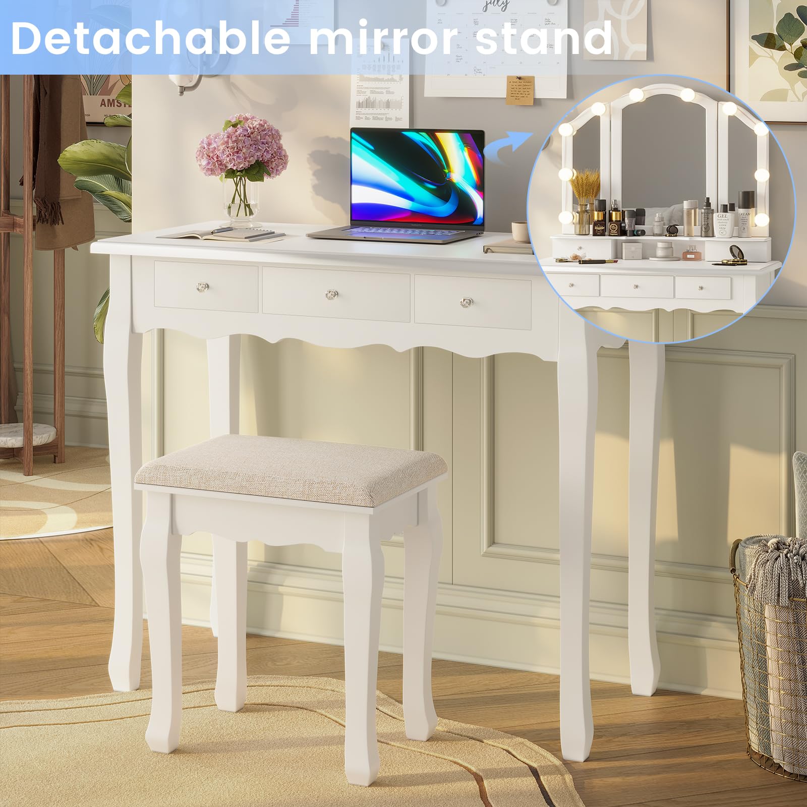 Tiptiper Makeup Vanity Set with LED Lights - White Vanity Desk with Lighted Mirror, Stool & 5 Drawers - 3 Light Modes & Adjustable Brightness for Bedroom, Dressing Room or Home Salon