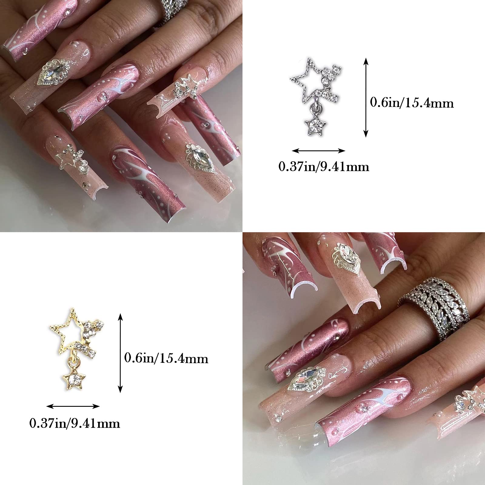 20 PCS 3D Star Nail Art Charms - Gold & Silver Acrylic Nail Decorations with Shiny Rhinestones | Nail Art Supplies for Women | Perfect for Party, Wedding & Salon Nail Designs