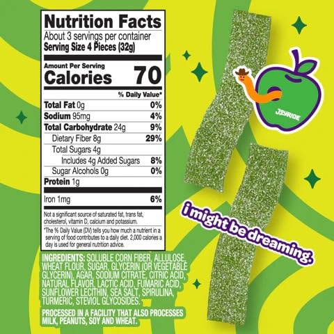 Sour Green Apple Candy Strips - 80% Less Sugar, 3.5oz | Low Sugar Gummy Belts, Tart Fruit Snacks | Perfect for Lunchboxes, Movie Nights & Party Favors