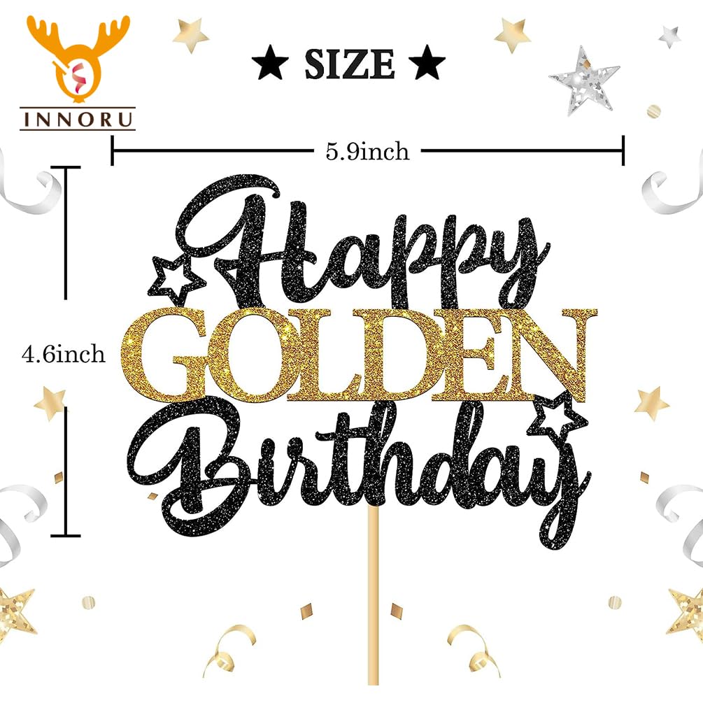 Happy Golden Birthday Cake Topper - Black Gold Glitter Party Decor for Kids & Adults - Cake Decoration Supplies & Photo Props - Perfect for Birthday Parties, Anniversaries, and Celebrations