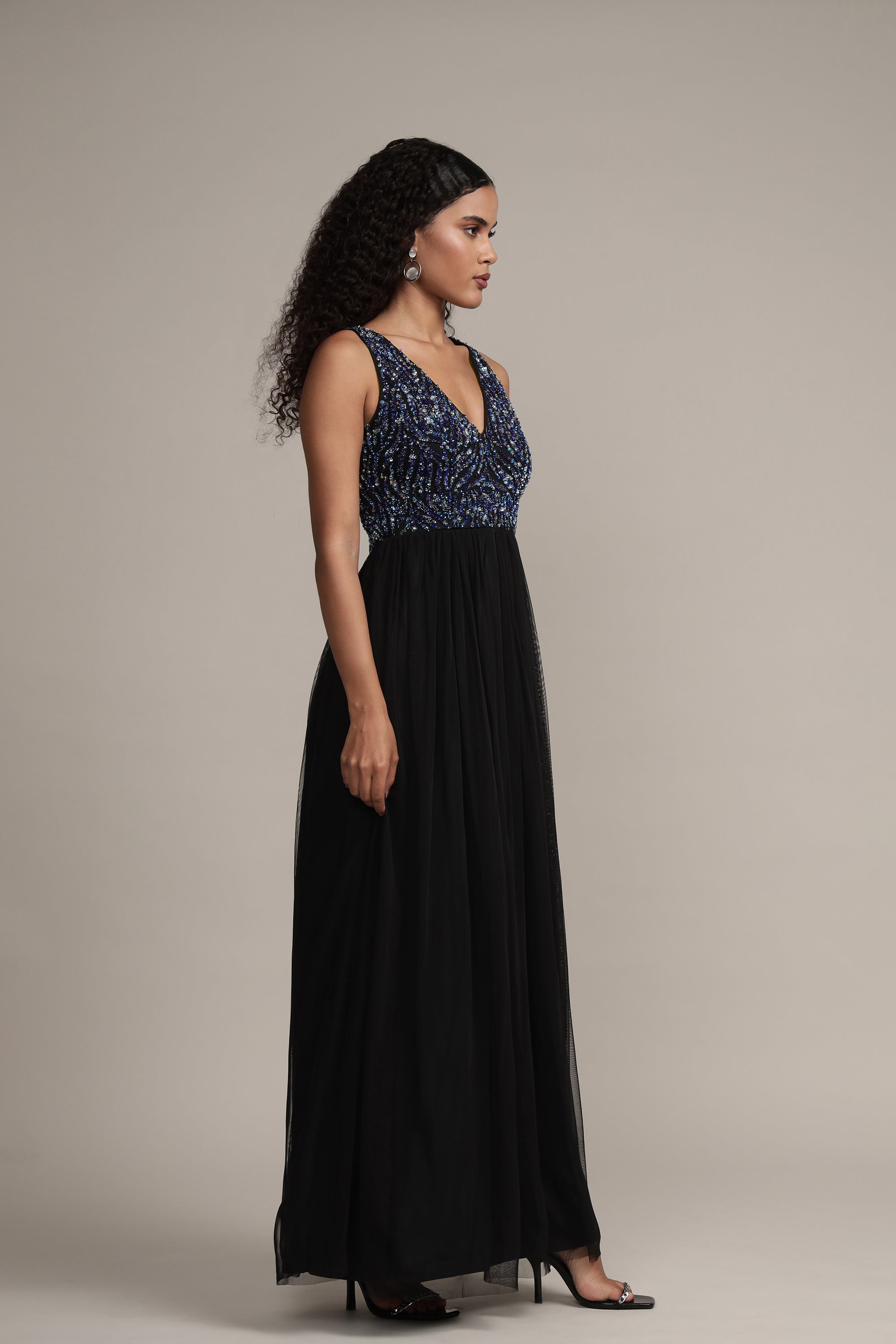 Ada Black Embellished Maxi Dress for Women - Elegant Evening Gown with Beaded Details, Formal Party Dress for Weddings, Prom, Cocktail Events & Special Occasions