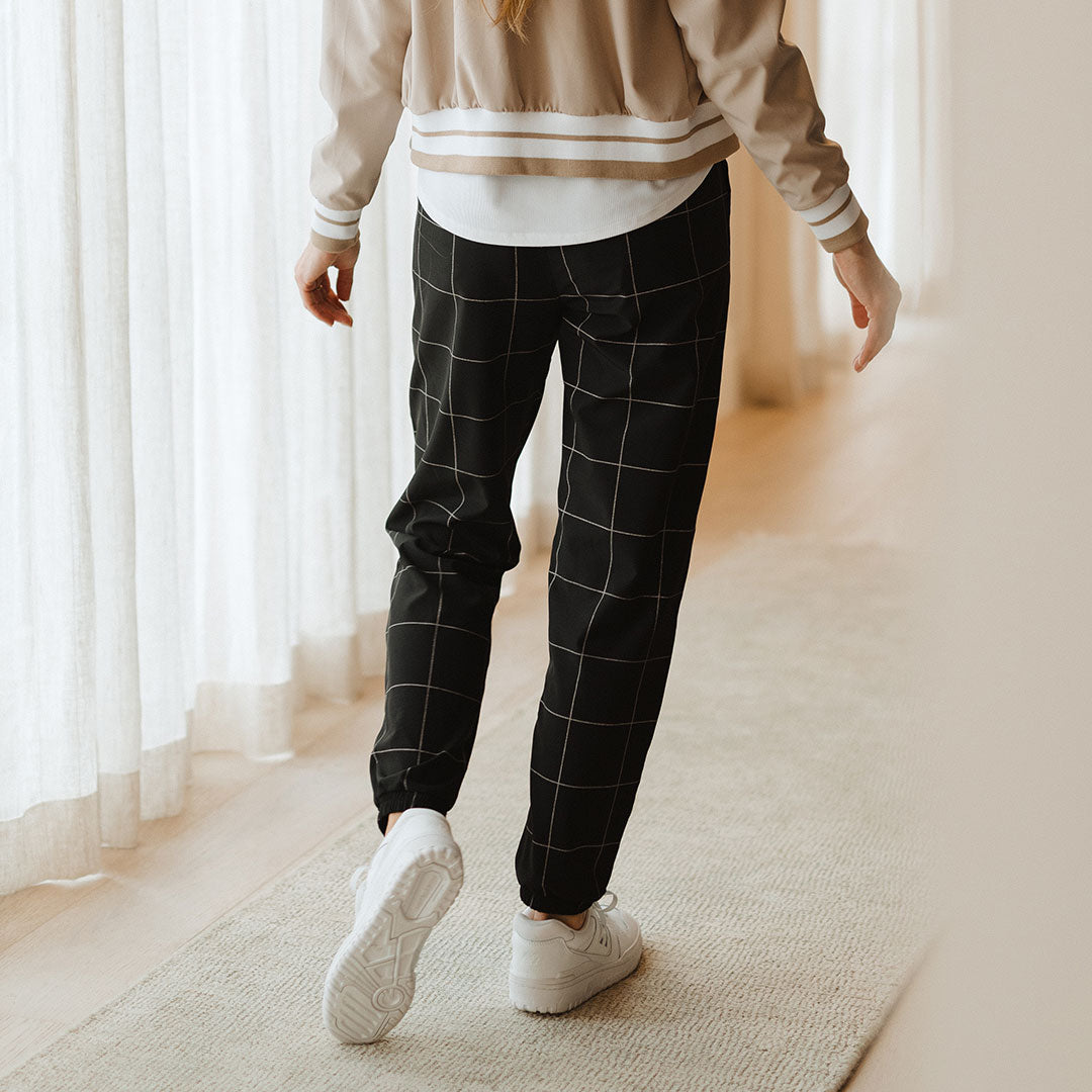 Everywhere Joggers for Men & Women - Stylish Black Windowpane Pattern Comfortable Lounge Pants for Running, Yoga & Casual Wear