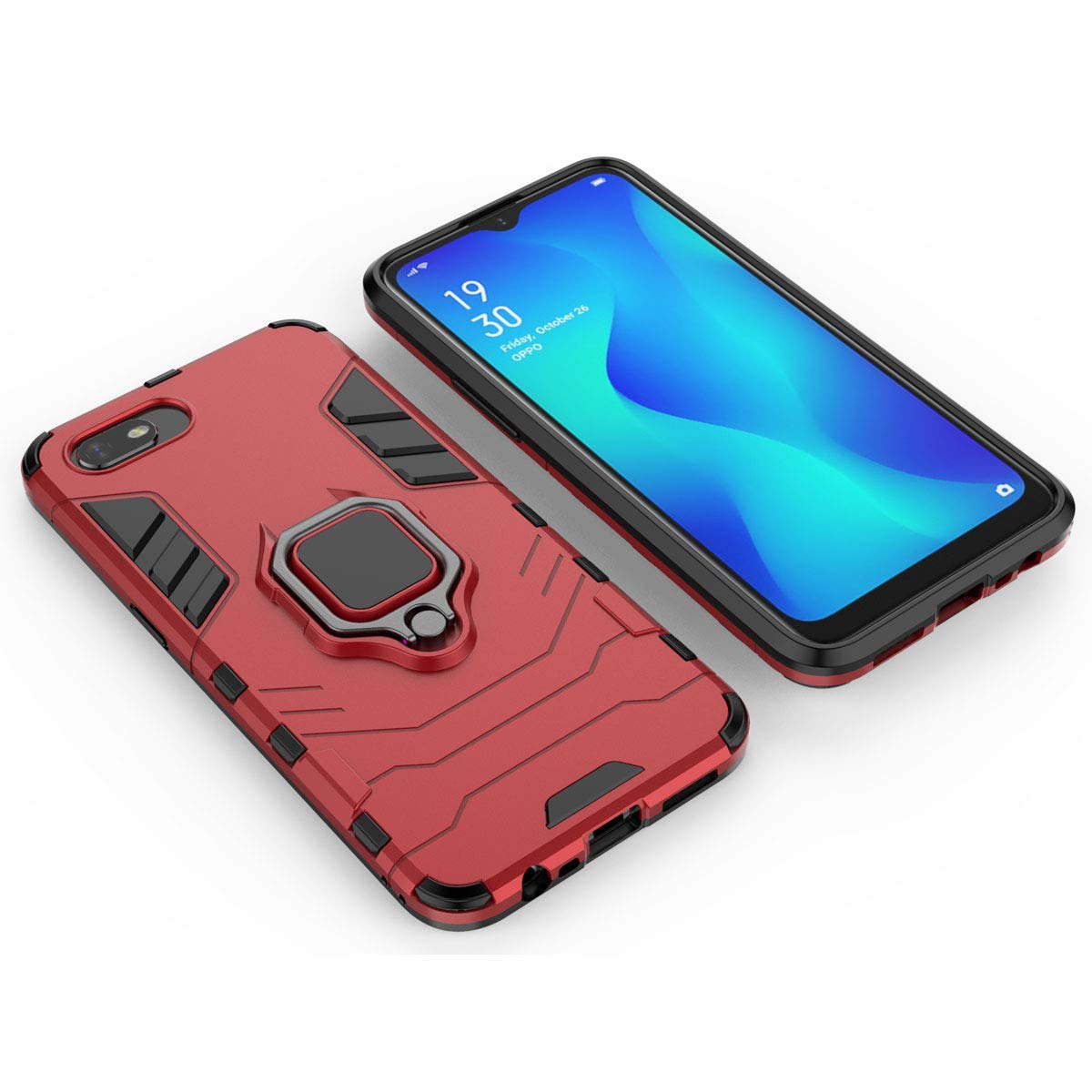 LuluMain Shockproof Hard Bumper Case for Oppo A1K & Realme C2 - Metal Ring Grip with Kickstand | Magnetic Car Mount Compatible | Dual Layer Rugged Cover (Red) - Perfect for Outdoor Activities & Daily Protection