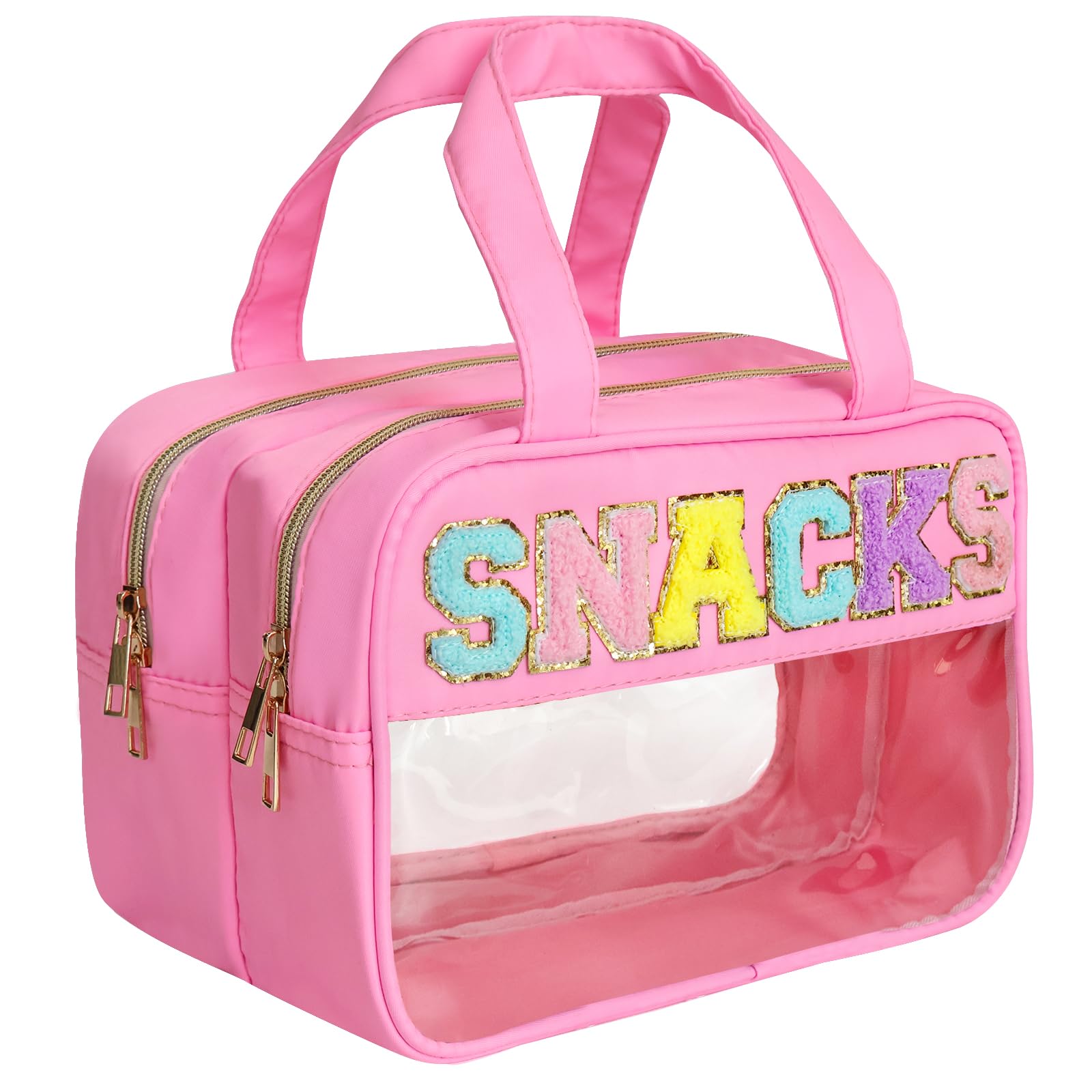 Large Clear Chenille Letter Makeup Bag | Preppy Waterproof Cosmetic Pouch with Zipper | Travel Toiletry Organizer for Women & Girls | Perfect for School, Gym, and Travel Essentials (Pink-SNACKS)