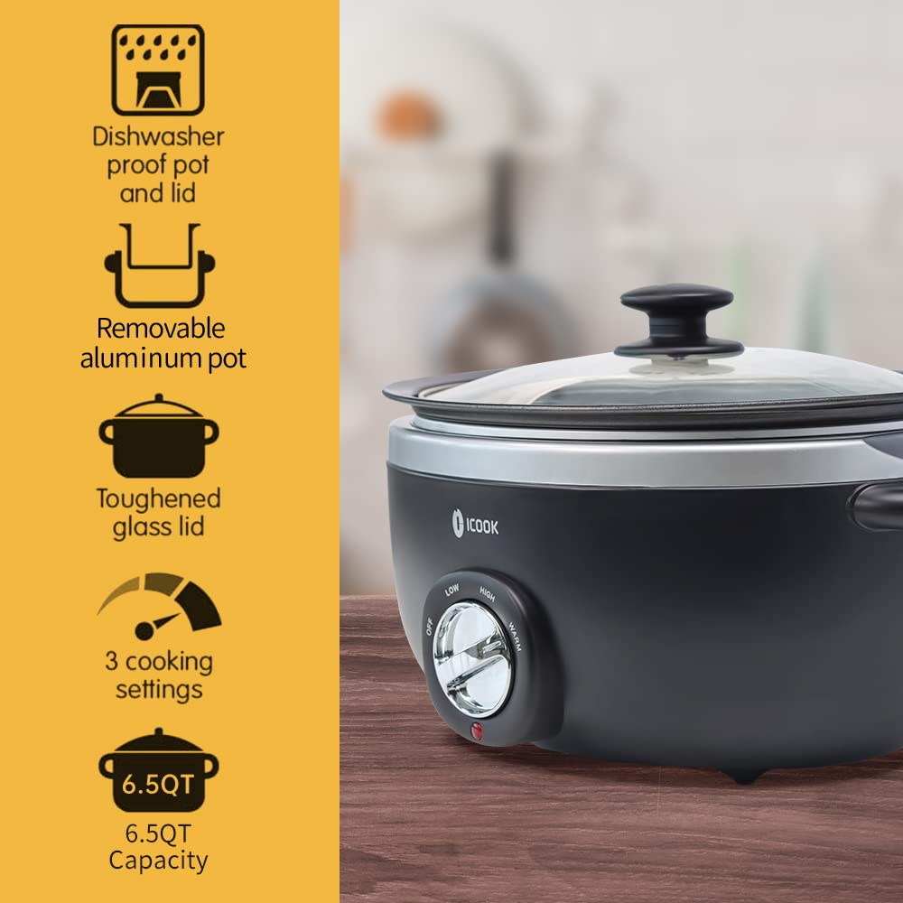 ICOOK USC-65-OP001BK 6.5 Quart Slow Cooker with Glass Lid - Stovetop & Dishwasher Safe Aluminum Pot - Adjustable Temperature for Stewing, Sautéing & Food Warming (Black) - Perfect for Family Dinners, Potlucks & Meal Prep