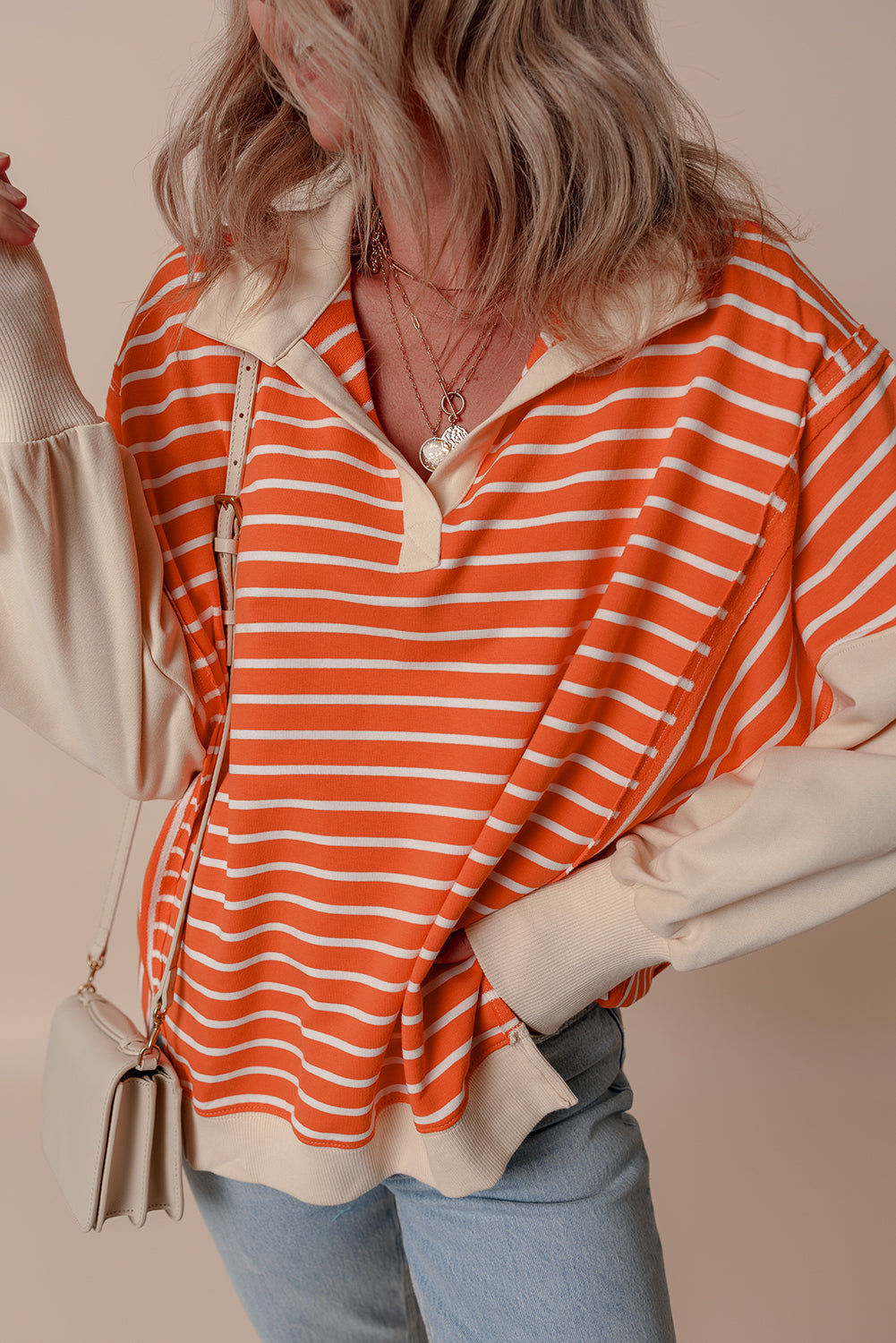 Alaina Loose Fit Color Block Striped Sweatshirt for Women - Trendy Casual Pullover with Unique Striped Design - Perfect for Everyday Wear, Weekend Outings & Cozy Fall Fashion