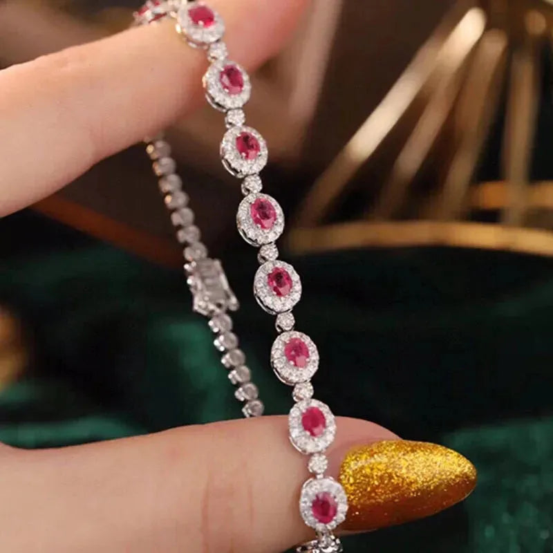 18K Solid White Gold Diamond & Natural Ruby Tennis Bracelet for Women - Elegant Jewelry Gift for High-Class Banquets, Parties & Special Occasions