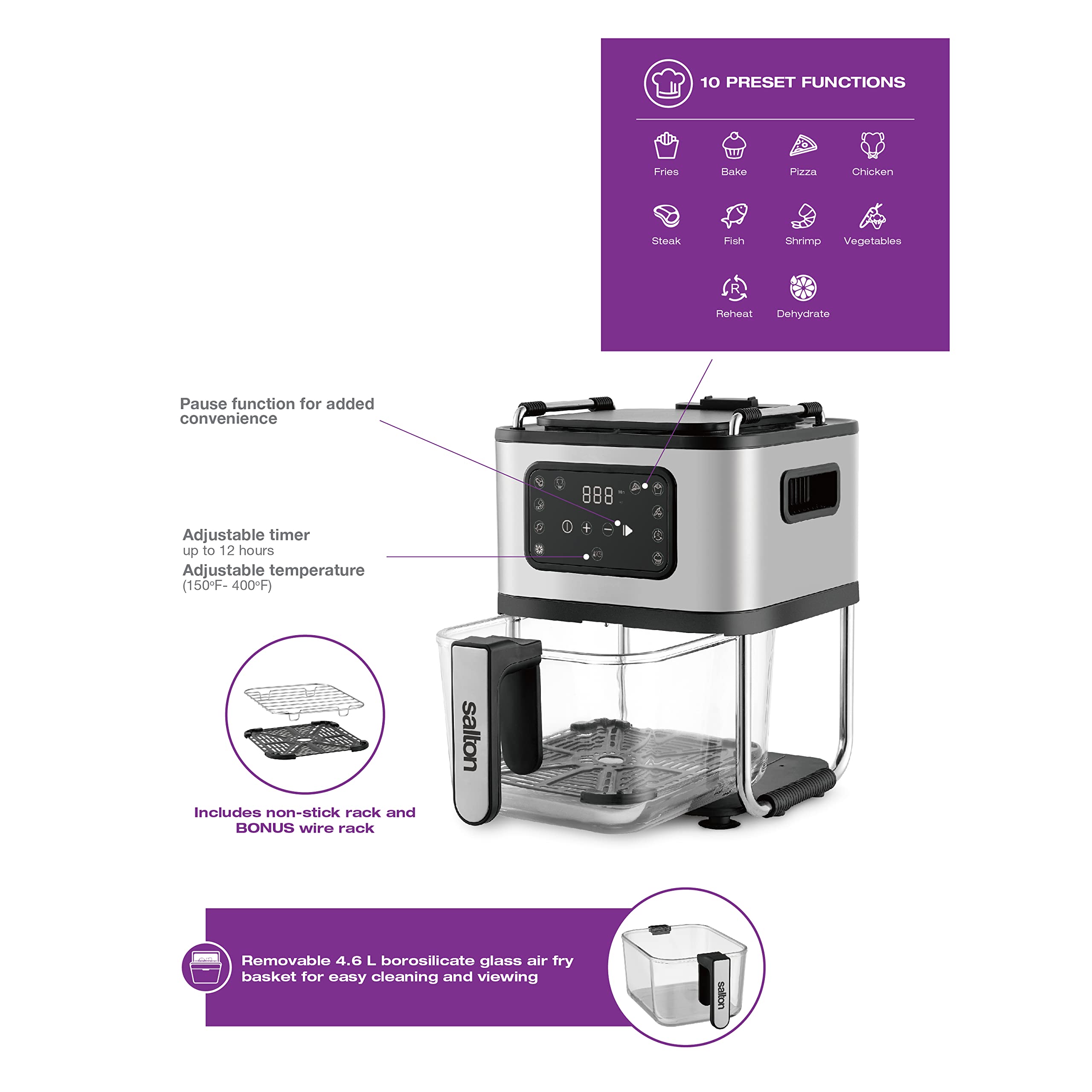 Salton Air Fryer XL 4.5L - Healthy Oil-Free Cooking for Family Meals | Large Capacity Air Fryer for Roasting, Baking & Frying | Perfect for Chicken Wings, French Fries & Vegetables