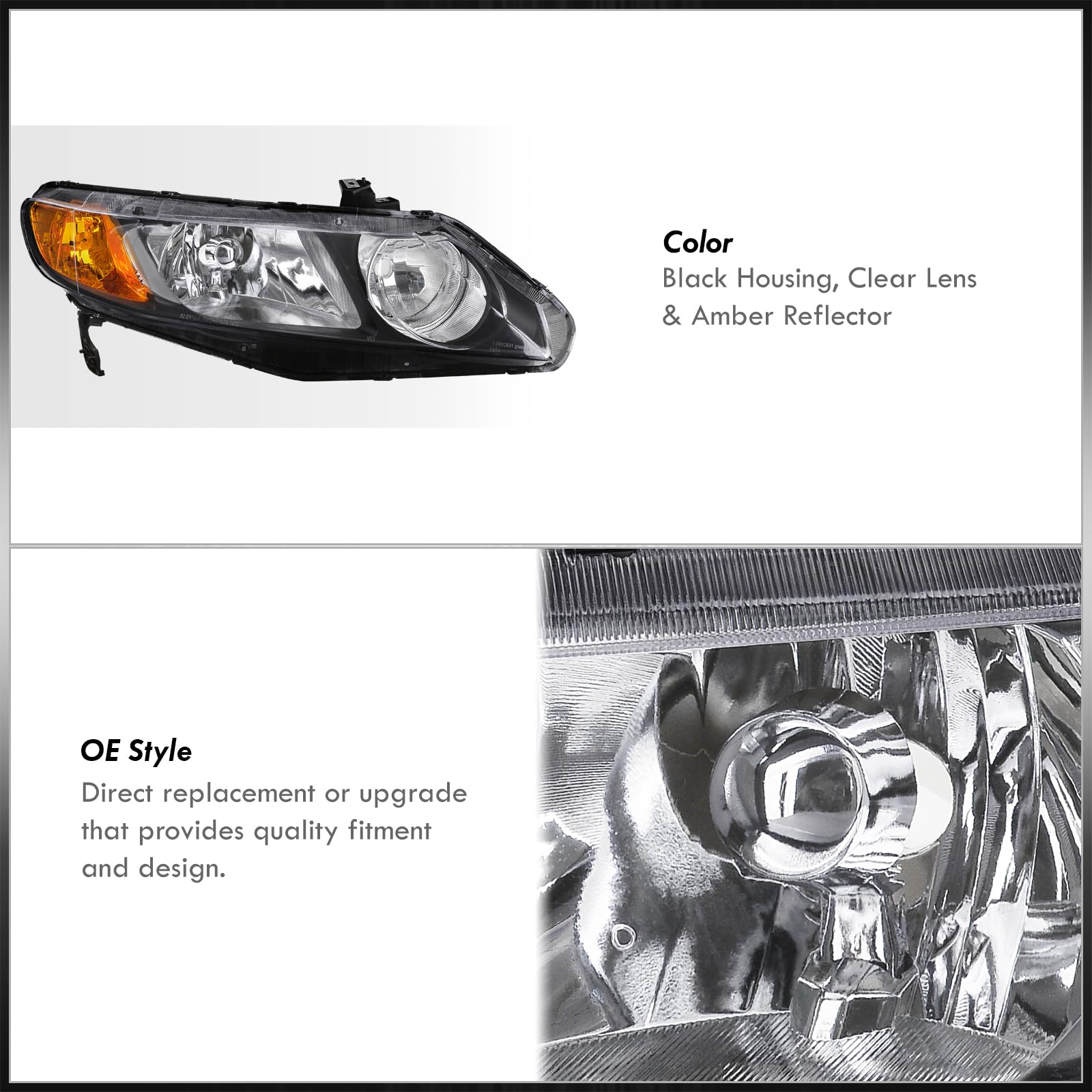 Black Housing Clear Lens Headlights for Civic Sedan 2006-2011 - Amber Reflector Bumper Lamps Pair for Night Driving