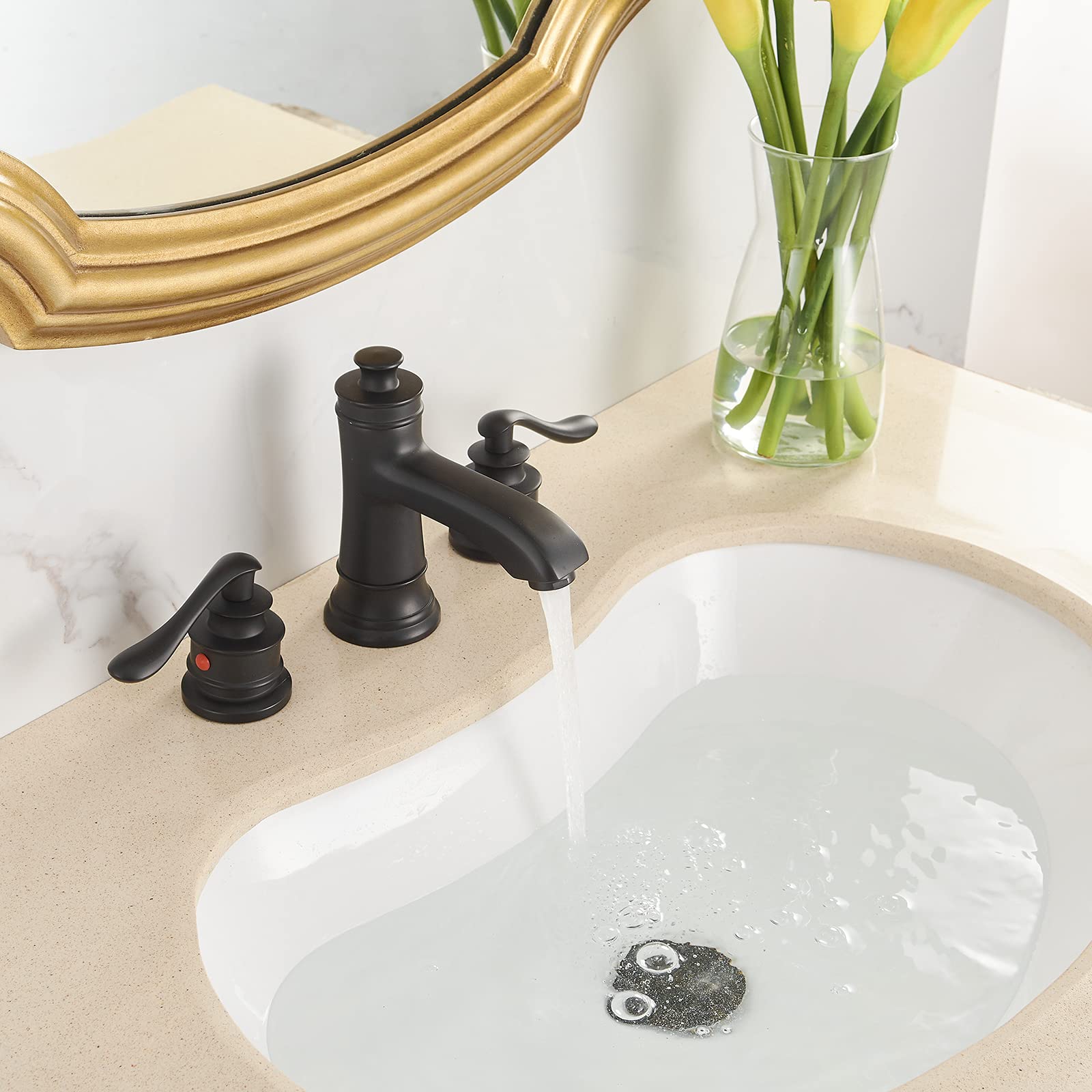 Matte Black 8 Inch Widespread Bathroom Faucet with Drain Assembly - 2 Handle 3 Hole Mixer Tap for Lavatory Sink - Includes Supply Hose - Perfect for Modern Bathroom Renovation & Powder Room Upgrades