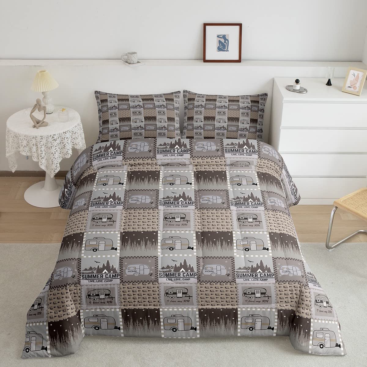 Kids Camping Comforter Set Full Size - Cute Happy Camping Bedding for Boys & Girls, Soft Buffalo Check Quilted Comforter with Cozy Inner Fill, Farmhouse Rustic Decor - Perfect for Bedrooms, Sleepovers & Nature-Themed Rooms