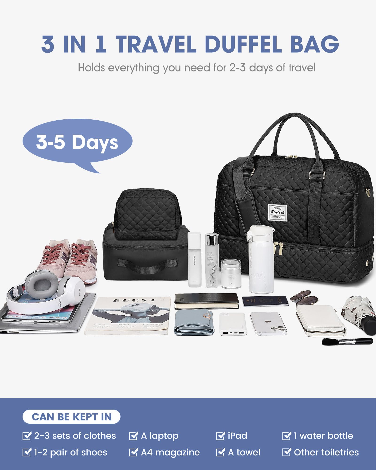 Women's Travel Weekender Bag with Shoe Compartment & Wet Pocket - Gym Yoga Duffel Carry On Overnight Bag for Hospital Labor Delivery - Perfect for Travel, Workout, Maternity & Weekend Getaways (Black)