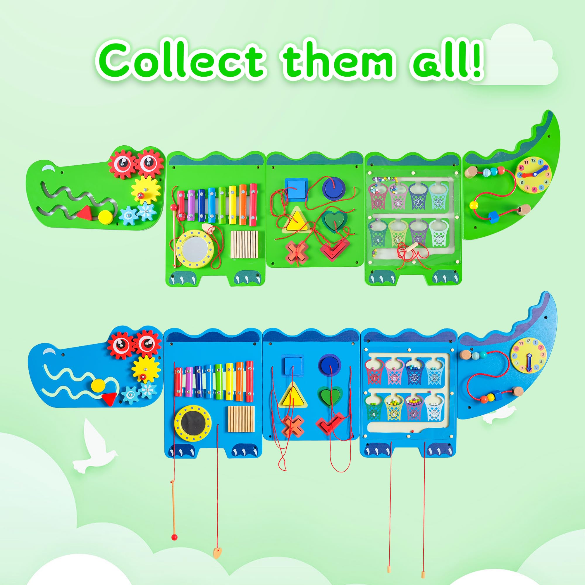 **Crocodile Sensory Toys Activity Wall Panels - Montessori Busy Board for Toddlers 18+ Months, Wooden Learning & Interactive Toys for Fine Motor Skills - Sensory Wall & Activity Cube for Daycare, Preschool, Home Play (Green)**